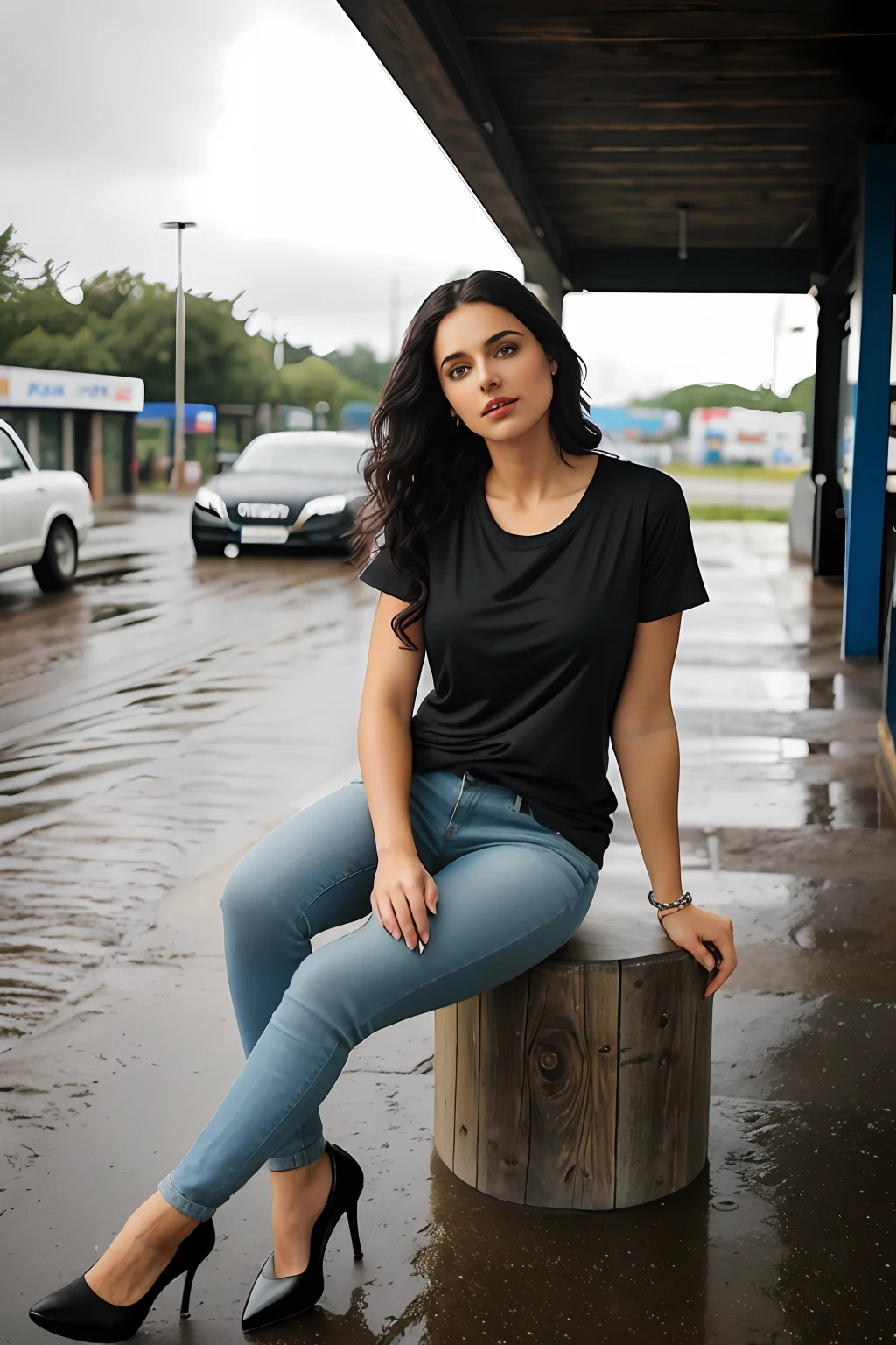 ((Best Quality, 8k, Masterpiece:1.3)), Focus: 1.2, Perfect Body Beauty: 1.4, Arabian 27 years old woman: 1.2, ((Black short curly Hair)), (Wite plain round neck regular fit basic tee-shirt:1.1), no print on Teeshirt, no underneath bra, nipples shape visible, Round neck basic full body length regular fitting tee-shirt, Dark grey skinny jeans, long jeans: 1.1, short sleeves black regular tee-shirt, full length tee-shirt, Highly detailed face and skin texture, Detailed eyes, Double eyelids, toned body, Whitened skin, serious mood, large toned breasts, toned firm legs, high heel's, whitened skin, detailed black eyes, black wavy hairstyle, detailed face, middle eastern woman, baggy medium size basic tee-shirt, simple plain Baggy Tee-shirt, toned firm hips, 8K UHD, black anklet, model looks, apocalypse city, rainy weather, dark clouds, silver wrist watch, bracelet, bangle's, open legs style Posing, old gas station, sitting on a old wooden chair, high heels, detailed beautiful feets, detailed feets fingers and shape, old petrol pump, rainy atmosphere, wet roads, model shoot style, she's sitting front of latest black Audi, old wooden chair, blue cloudy sky, sitting on old stool