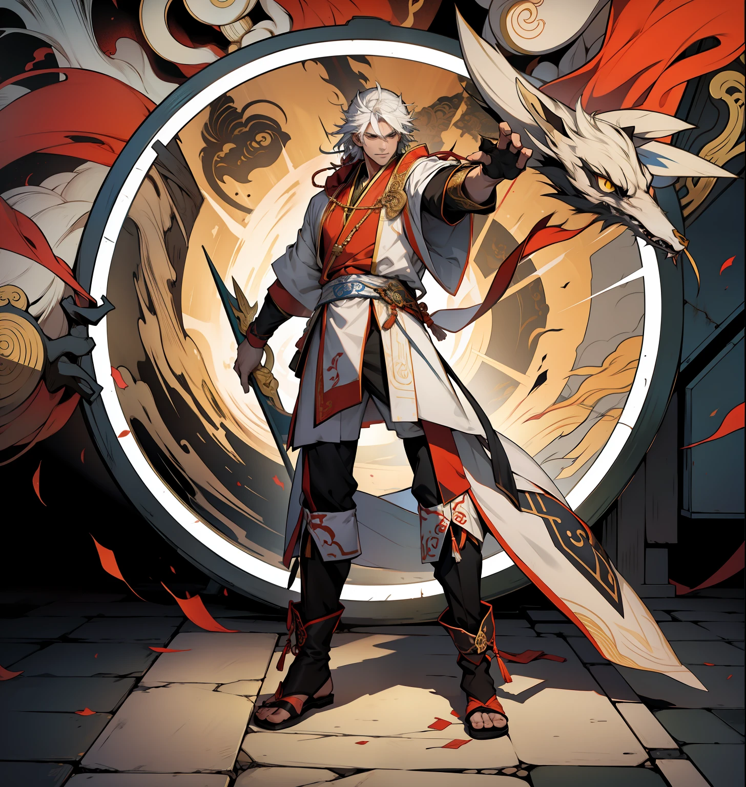 Handsome Asian white hair male，The clothes were dressed in Taoist 