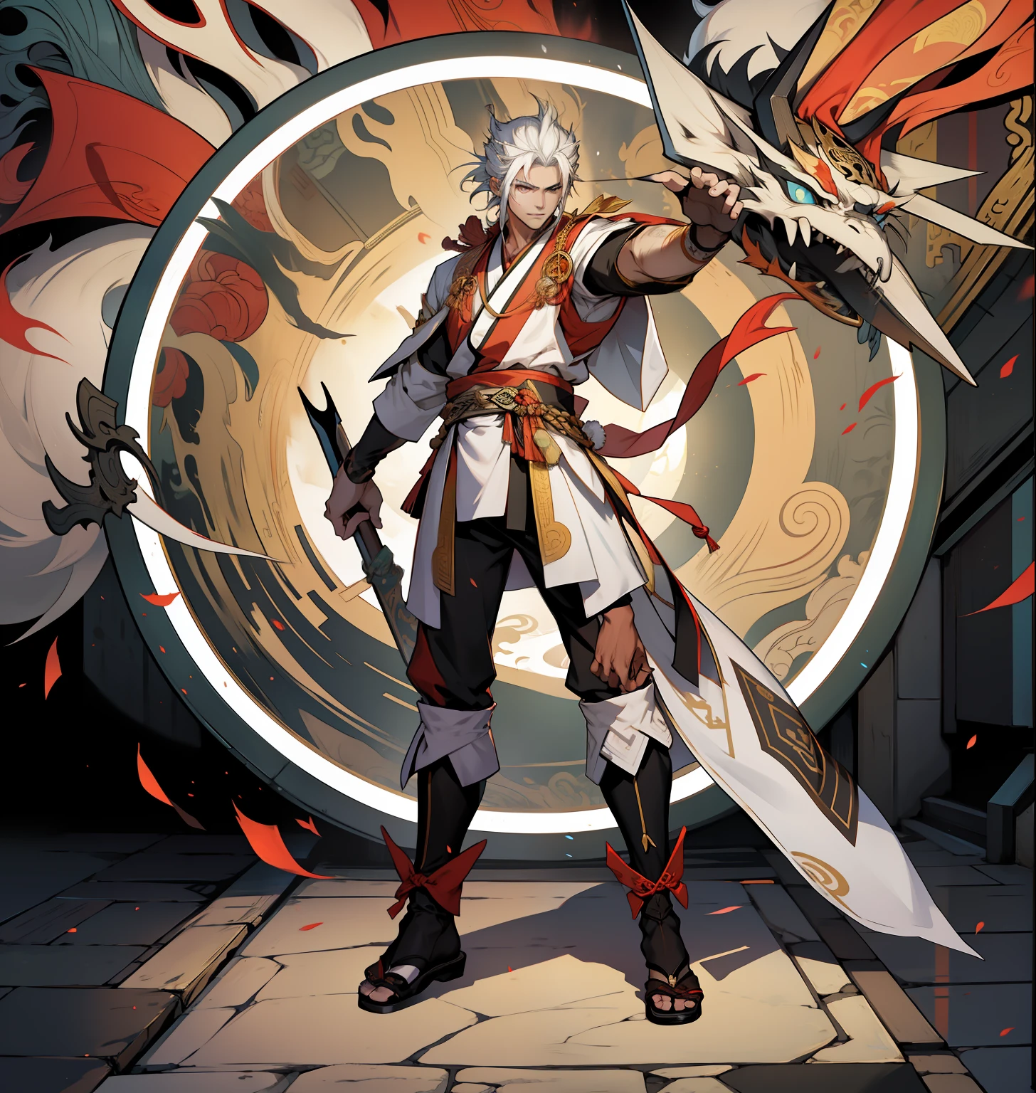 Handsome Asian white hair male,The clothes were dressed in Taoist robes