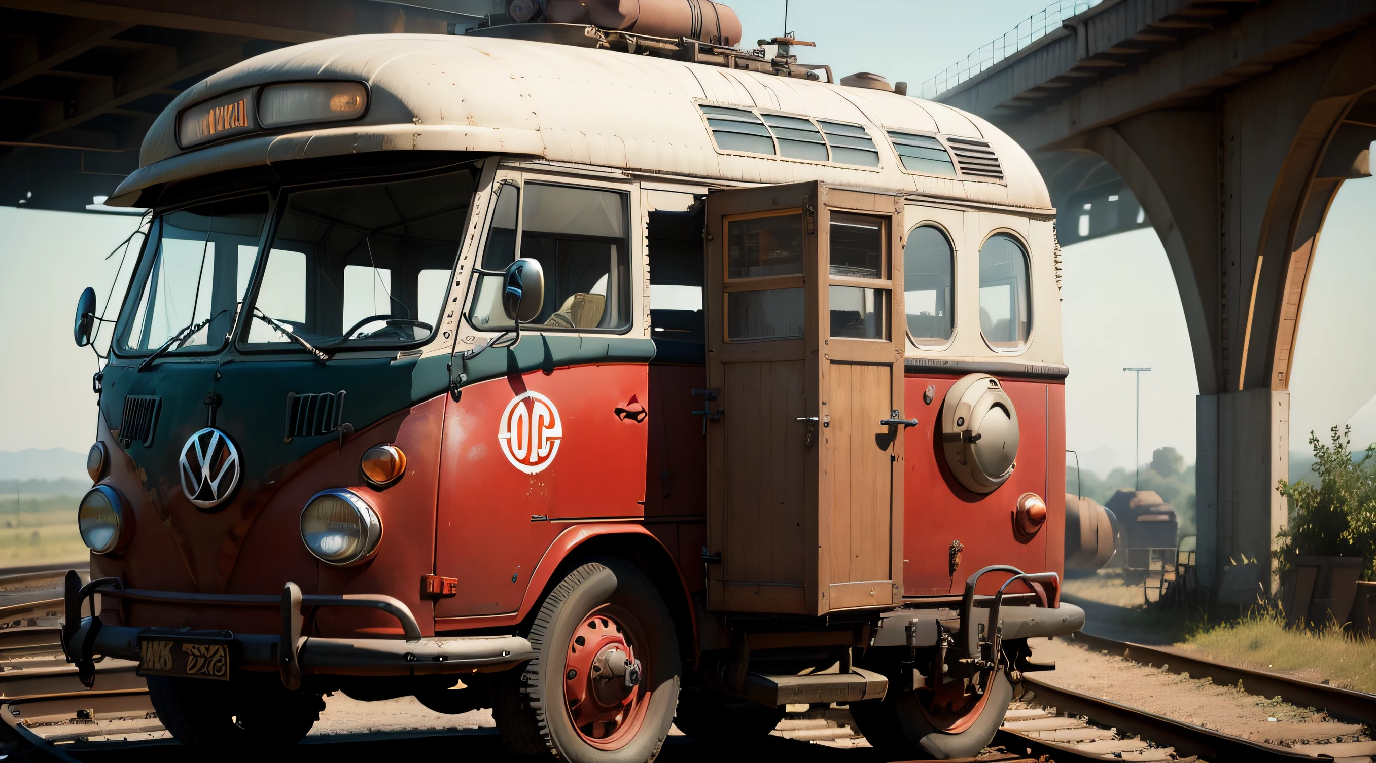 a red and white vw bus on a train track, in the style of dieselpunk, eccentric characters, albert dubois-pillet, gigantic scale