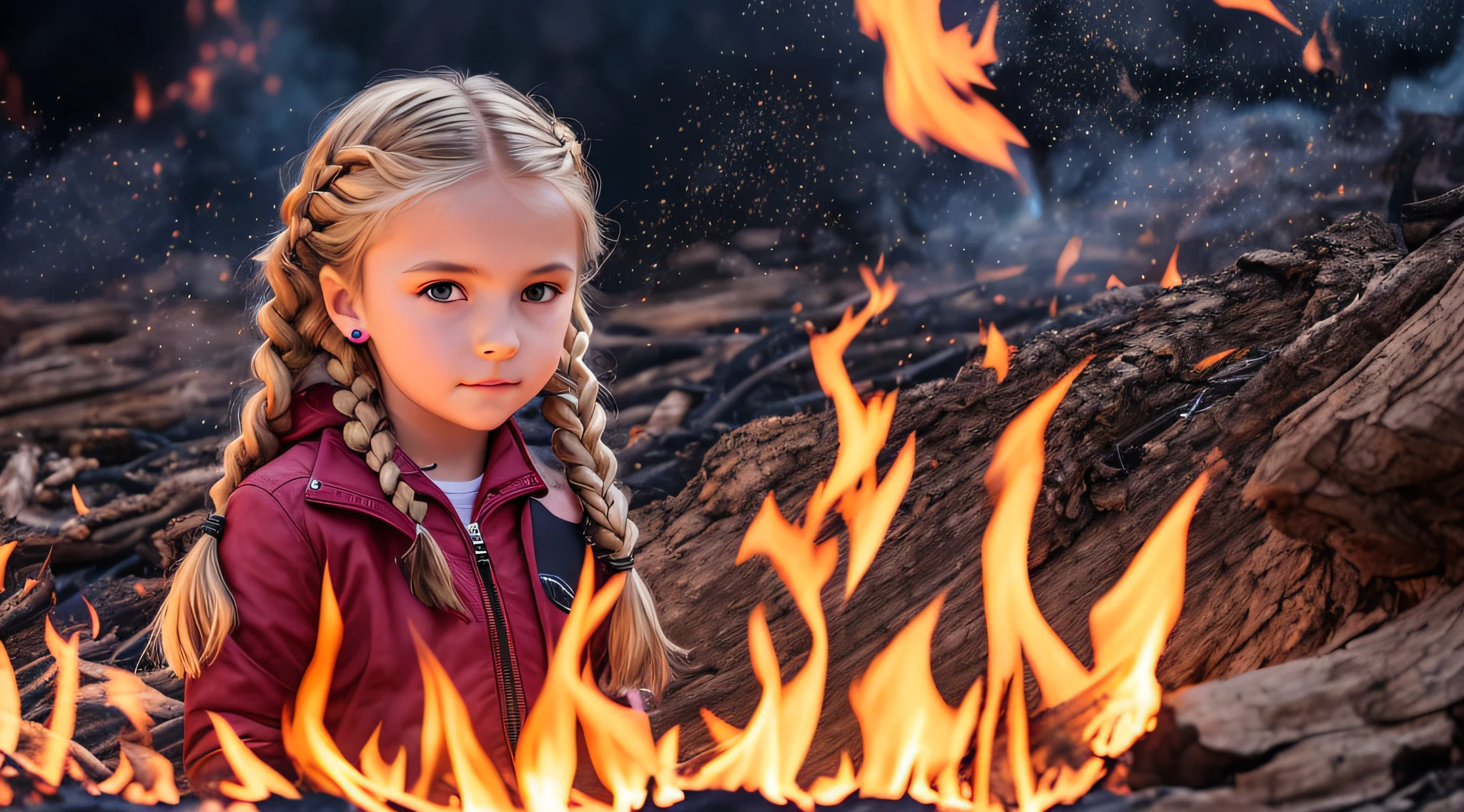 Girl child , Russian blonde in braids, com roupa de jaqueta de couro vermelha, estilo retrato, flames are glowing in the dark with a reflection of the fire, chamas de fogo, chamas no fundo, fogo e chamas.