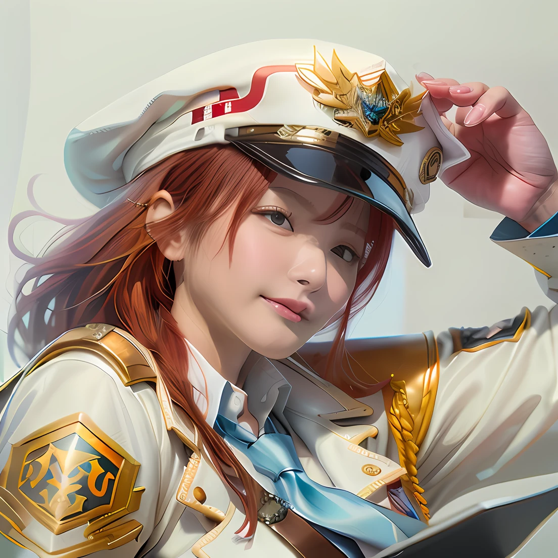 character mobile legends l bang bang, miya, redhead wearing white police hat and brown shirt, wearing blue tie, white police jacket, respectful hands, realistic, ultra detailed, 70mm lens, face realistic, hand realistic