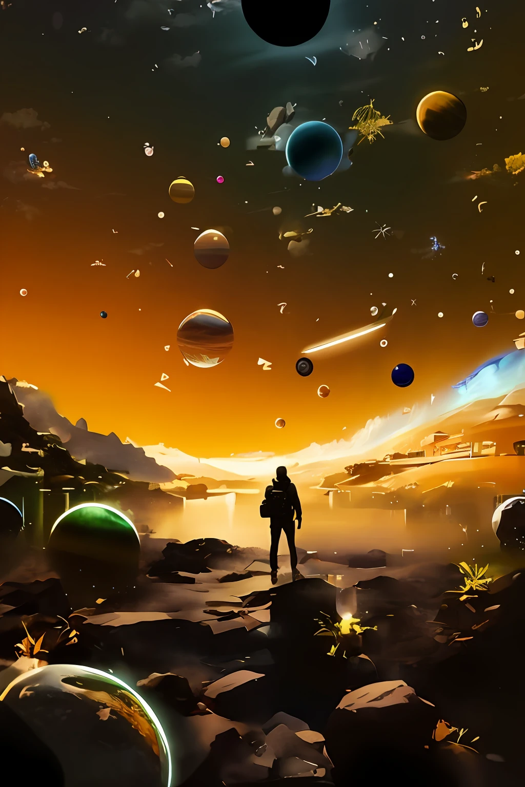 a man standing on a rocky path looking at planets in the sky, beeple masterpiece, beeple artwork, beeple!!, realism | beeple, beeple style, beeple art, artgem and beeple masterpiece, beeple. hyperrealism, style hybrid mix of beeple, beeple daily art