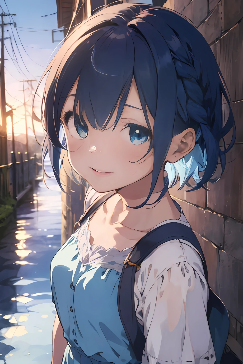 ((Masterpiece), (Best Quality)) (super detailed), (disheveled hair), photography, masterpiece, best quality, wallpaper, 1girl, short hair, sky blue hair, sky blue eyes, cute girl, , small face, short stature, short cut, droopy eyes, pink lips, delicate and slender, small breasts, smiling, white long dress, dark blue poncho, braided boots, daggers, anime, games, medieval europe ( Dramatic Lighting)), (Soft Focus) (Vibrant Colors), (Mysterious Atmosphere)