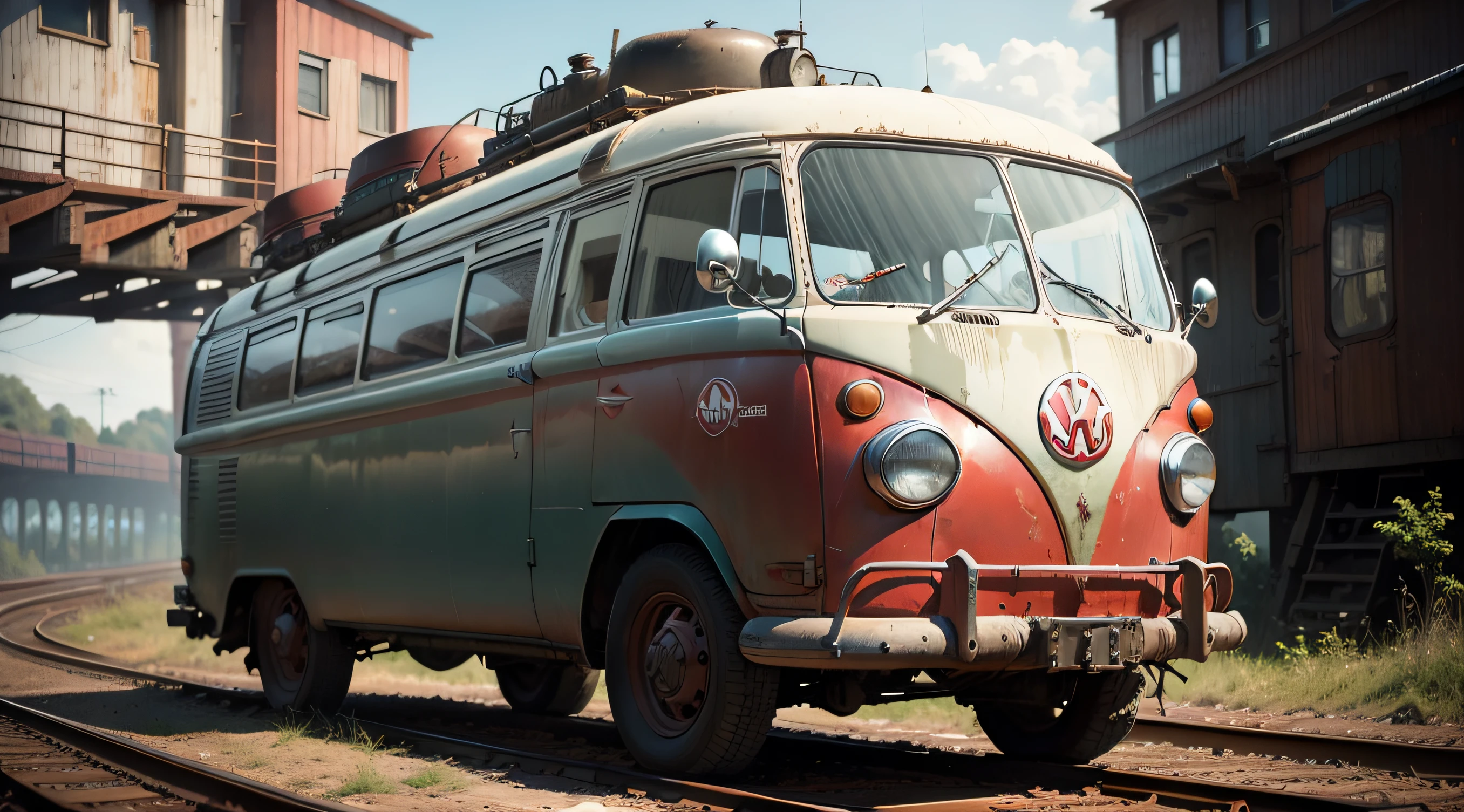 a red and white vw bus on a train track, in the style of dieselpunk, eccentric characters, albert dubois-pillet, gigantic scale