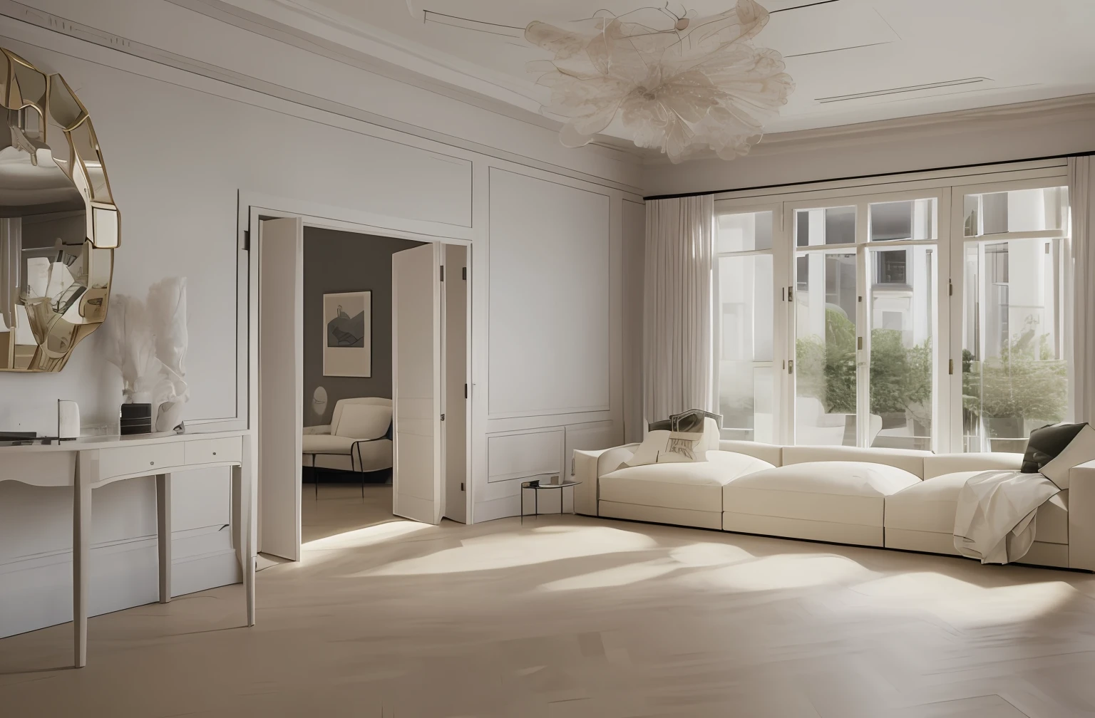 salon style haussmann, chic, Parisien, Well-appointed living space,(Sofa:1.3), (table basse:1.3), (Fauteuils:1.3), dining table with chairs, highly detailed, well appointed