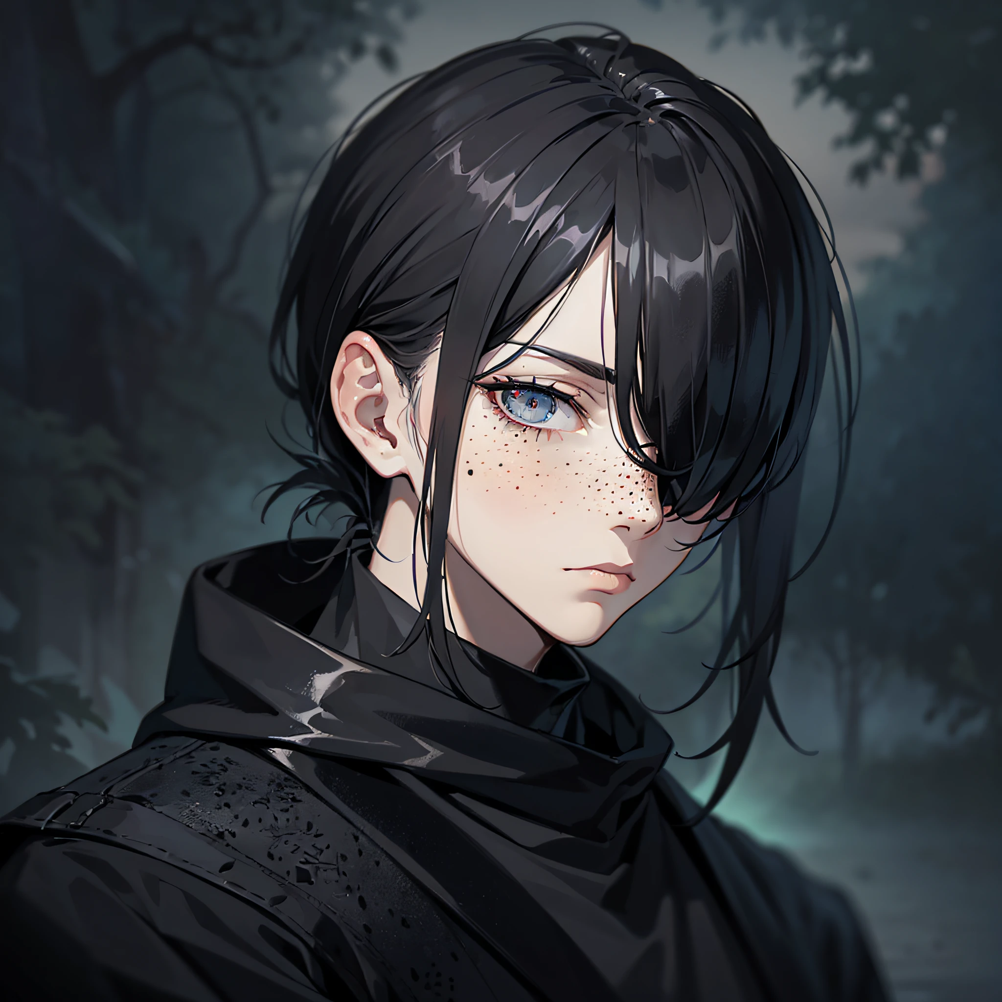 gentle, anime character art, clean lines, intricate details, high quality, gloomy male, adult man, black bangs, cut straight, pale skin, one eye covered, gloomy, dreamy expression, dark eyes, grey freckles, dark clothing, outside at night, dark park, darkness, low light, creepy, attractive, tall, blurry foreground