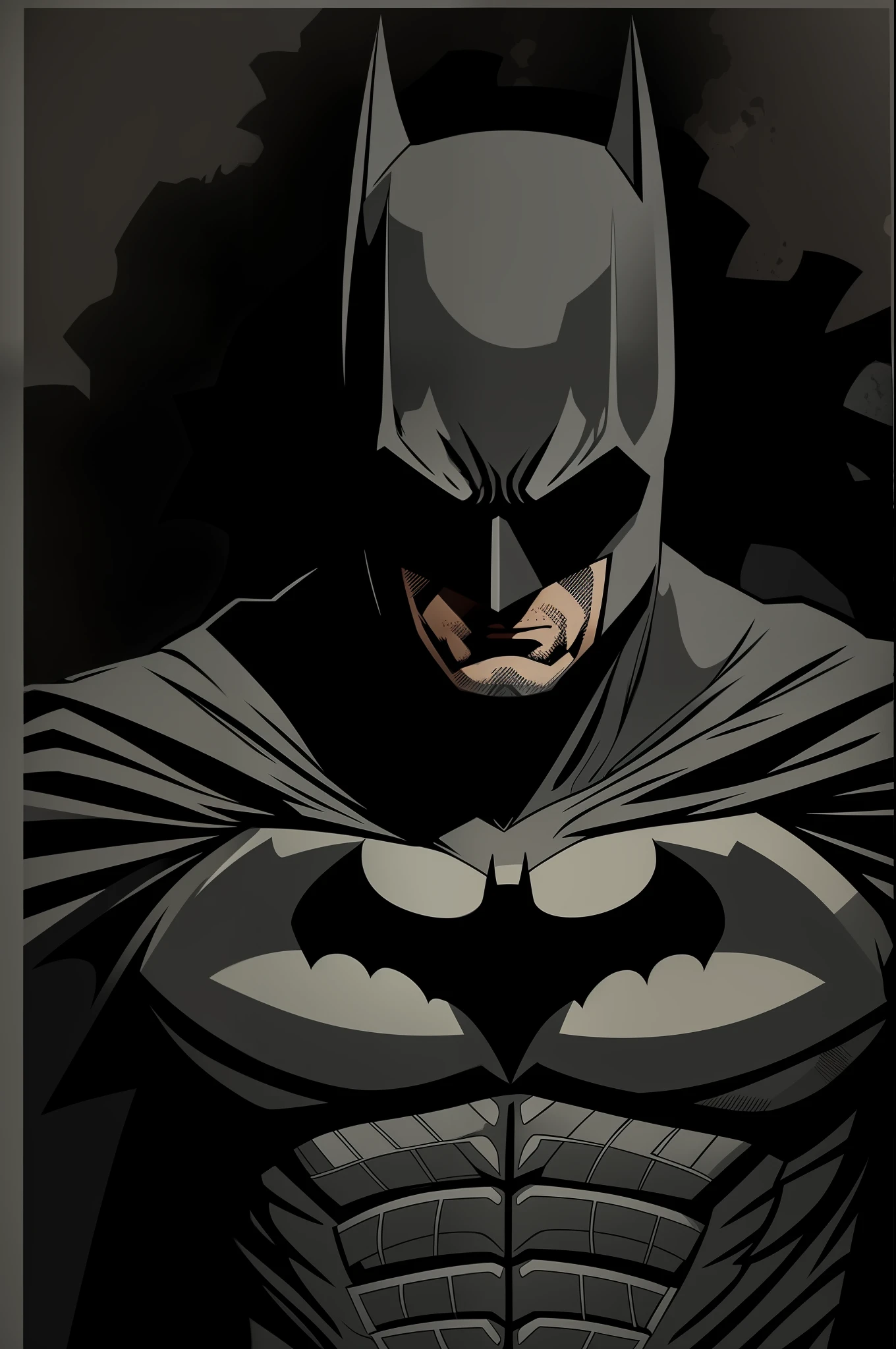 Batman, standing in a dark, action pose, looking at the camera. He's wearing his classic costume, The background is black, and the only color is the gray of Batman's suit. The print is minimalist and elegant, and would be perfect for a cotton shirt.