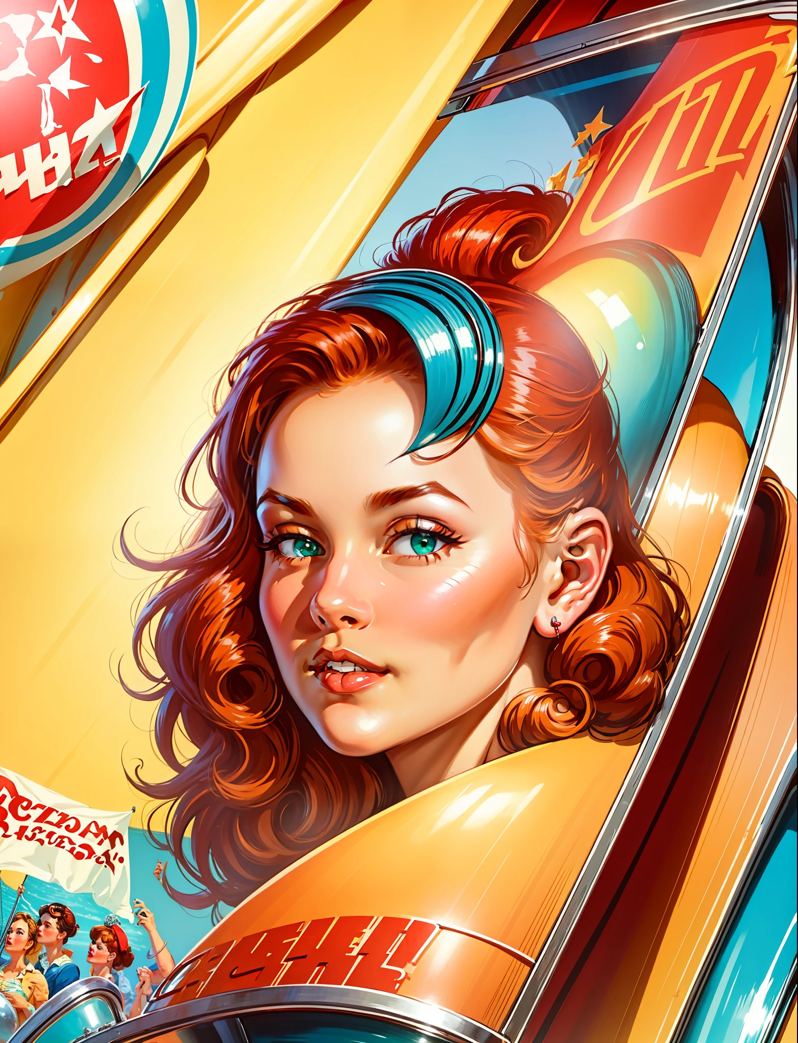 official art, unity 8k wallpaper, ultra detailed, aesthetically pleasing, High quality, masterpiece, best quality, there is a painting of a woman in front of a restaurant with a red awning and a table outside glamorous and sexy, red hair, beautiful face, green eyes, sexy pose, pinup art, pin - up, pin-up, pin up, pinup, pin - up girl, pin up girl, pinup girl,
