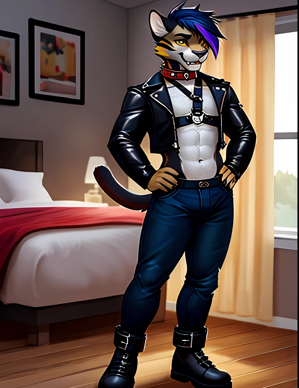 Handsome, femboy, vampire, black panther, solid blackfur body, black body, black panther, long sabertooth fangs, black fur body, black belly, black chesr, black panther tail, blue hair purple highlights, yellow cat eyes, tight leather jacket, tight jeans, crotch bulge, red collar, 1boy, solo, harness, straps, cuffs, buckles, locks, standing inside bedroom,