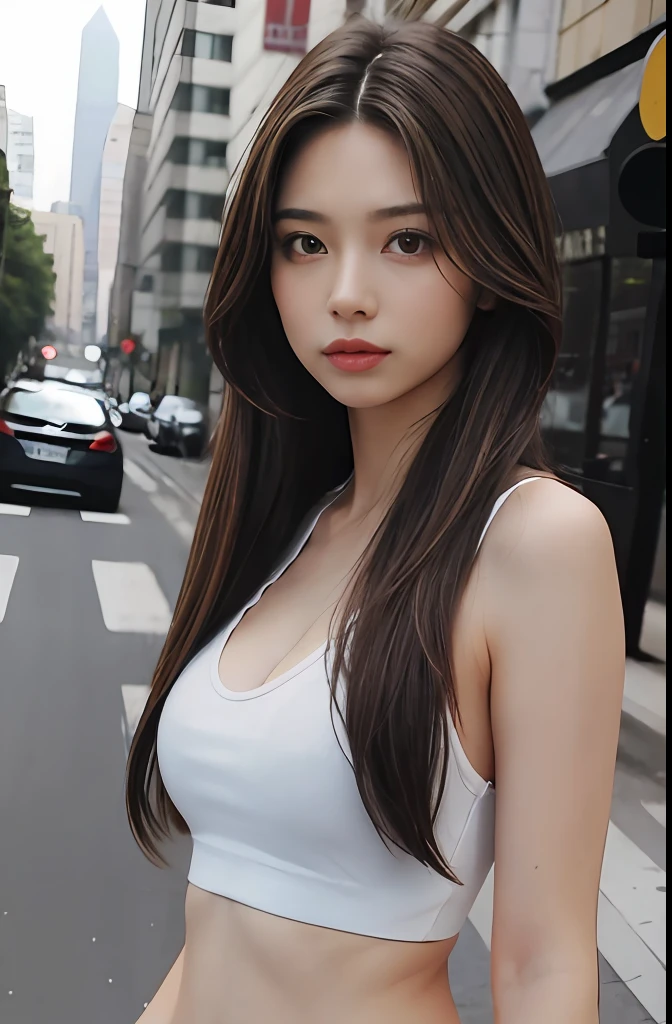 a woman, brown hair, brown eyes, fit body, Long Hair, hair parted in the middle, straight hair, gym clothes, on the street, detailed body, detailed eyes, master piece, best quality, high quality, RAW camera, realistic, real person,