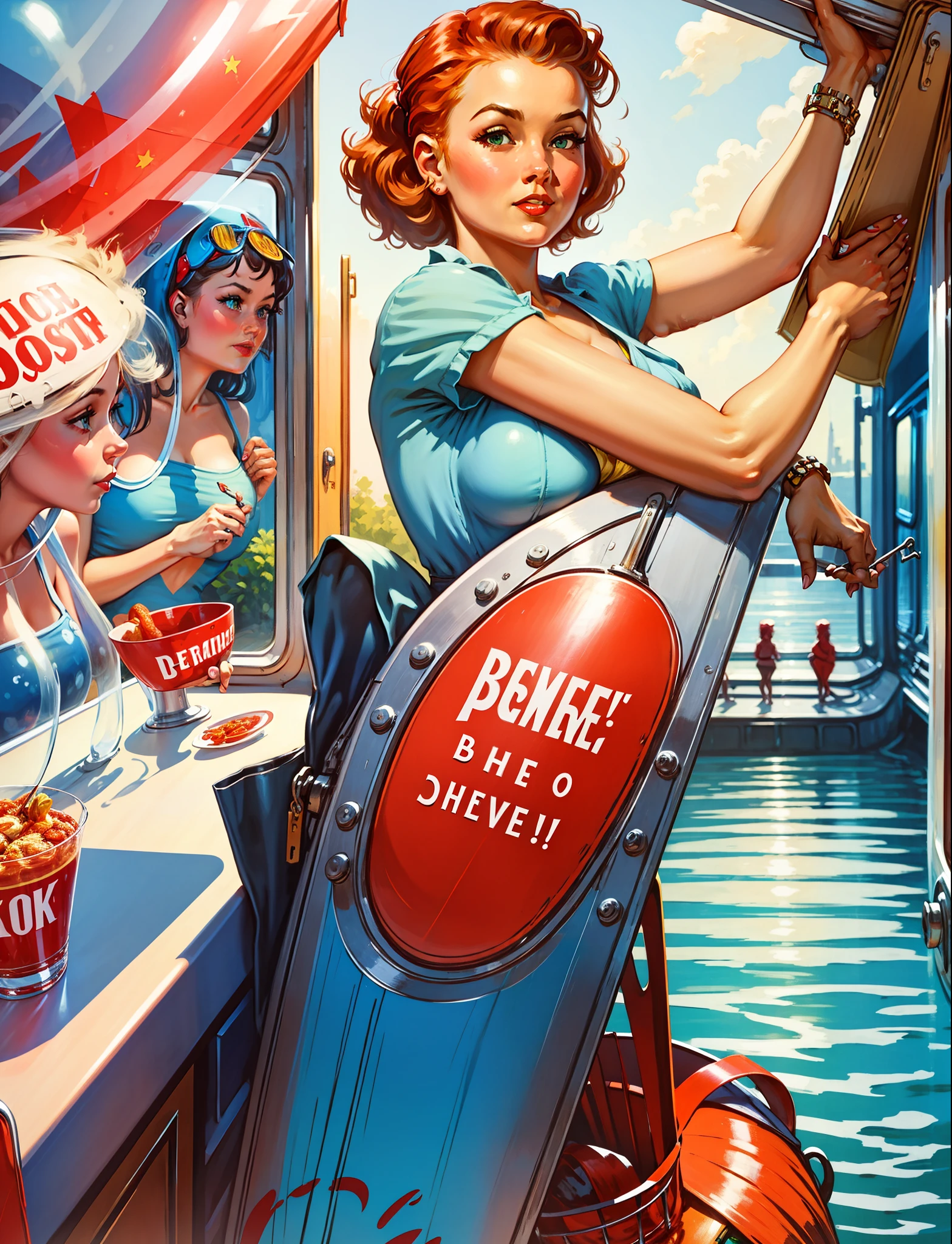 official art, unity 8k wallpaper, ultra detailed, aesthetically pleasing, High quality, masterpiece, best quality, there is a painting of a woman in front of a restaurant with a red awning and a table outside glamorous and sexy, red hair, beautiful face, green eyes, sexy pose, pinup art, pin - up, pin-up, pin up, pinup, pin - up girl, pin up girl, pinup girl,