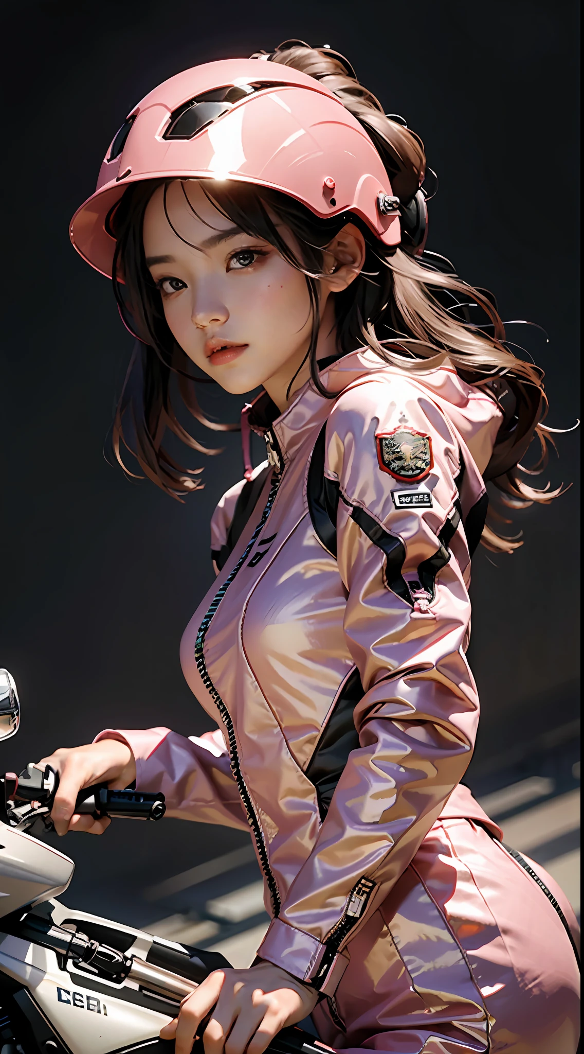 Highest image quality,Outstanding details,超高分辨率,(Fidelity:1.5),The best illustration,Favor the details,Highly cohesive 1girl,He has a delicate and beautiful face,Dressed in a pink mech,Wearing a sci-fi mech helmet,Hold the direction controller,Ride a Harley motorcycle,The background is the battlefield of World War II