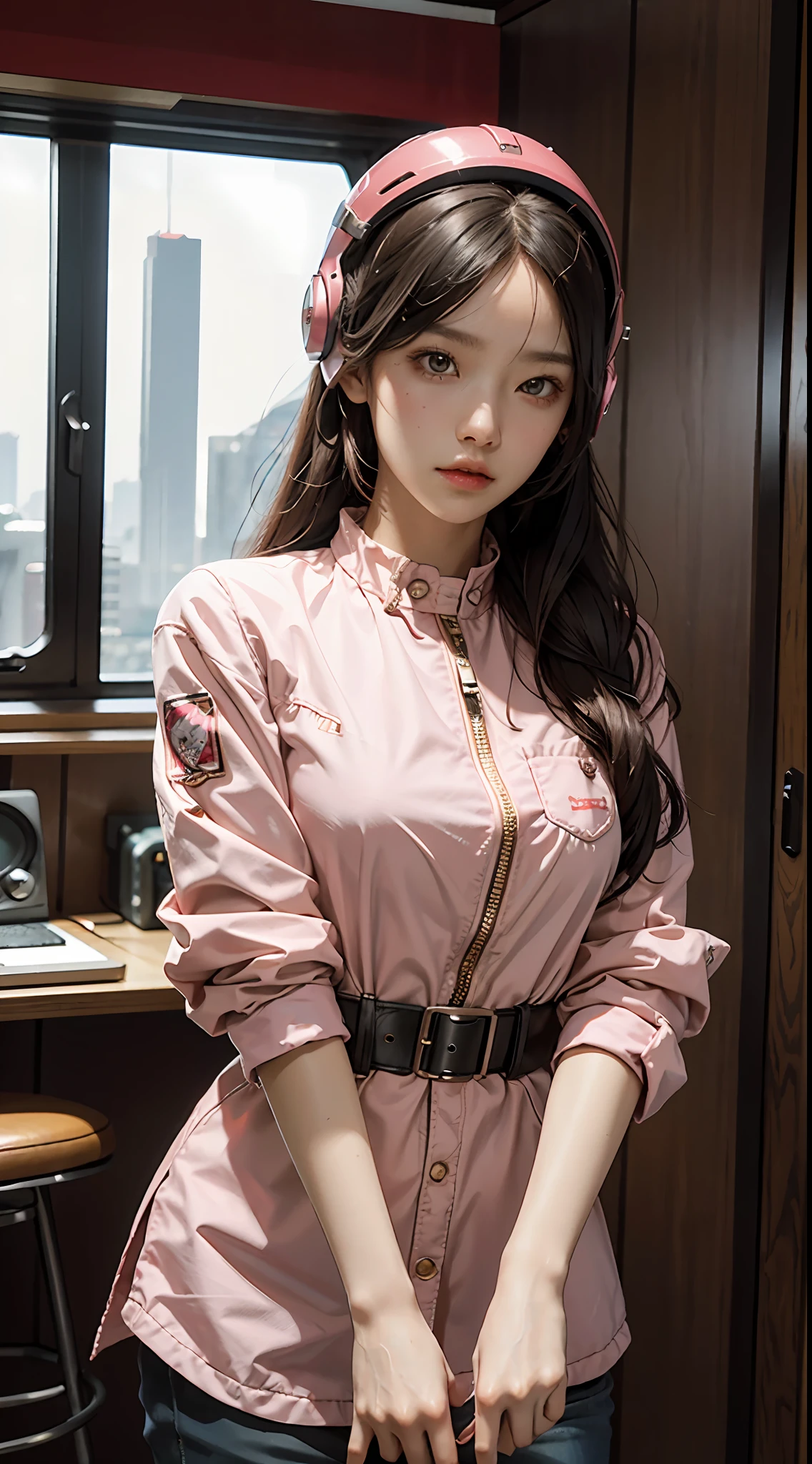 Highest image quality,Outstanding details,超高分辨率,(Fidelity:1.5),The best illustration,Favor the details,Highly cohesive 1girl,He has a delicate and beautiful face,Dressed in a pink mech,Wearing a sci-fi mech helmet,Hold the direction controller,Ride a Harley motorcycle,The background is the battlefield of World War II