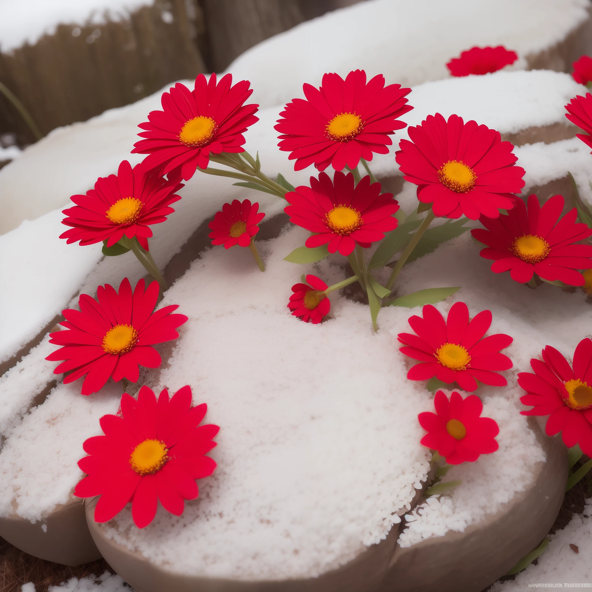 Close up de unas dos mini flores de color rojo brotando entre la nieve. muy detallado. colores vivos. alta calidad. ultra detallada. fotorrealista. Pintura digital