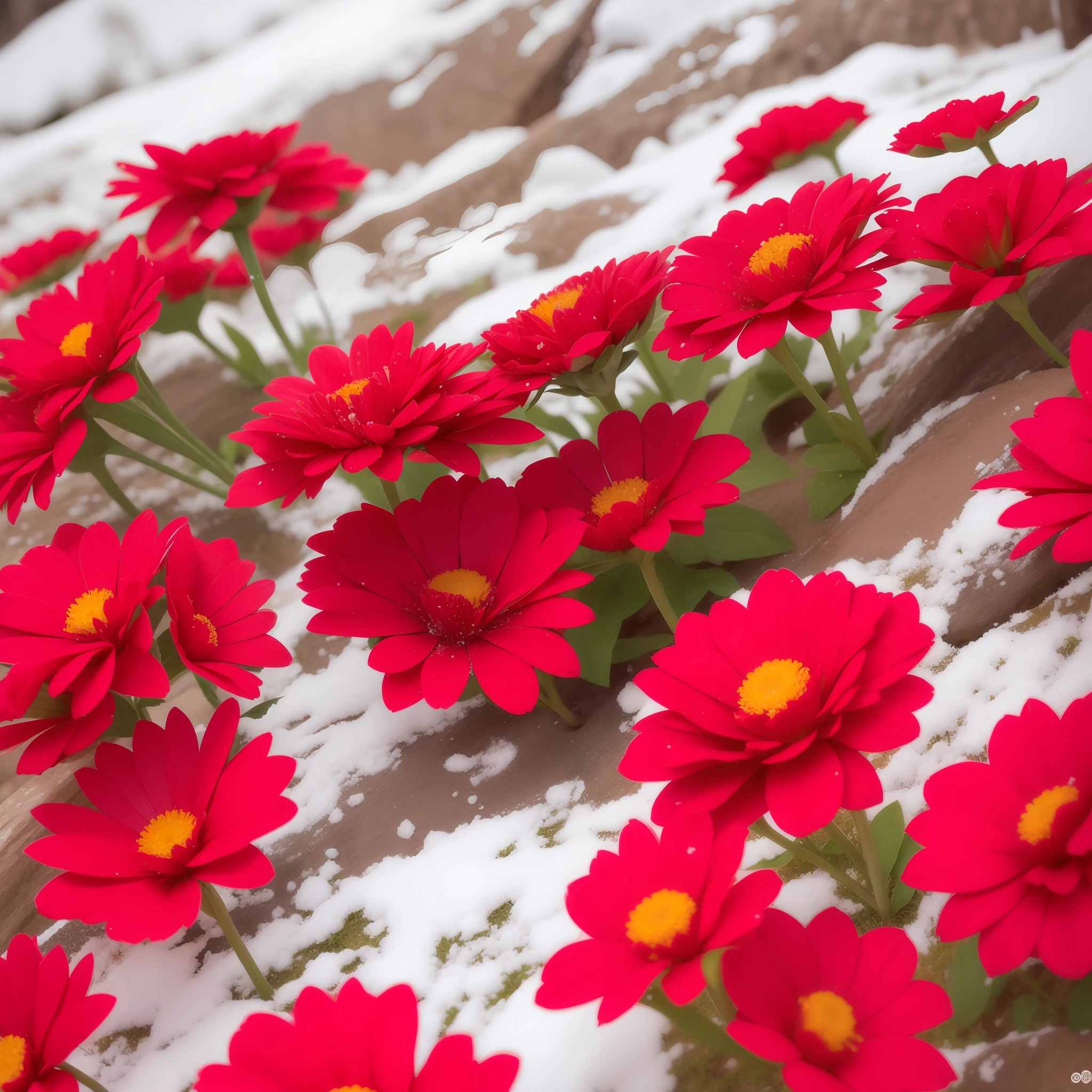 Close up de unas dos mini flores de color rojo brotando entre la nieve. muy detallado. colores vivos. alta calidad. ultra detallada. fotorrealista. Pintura digital