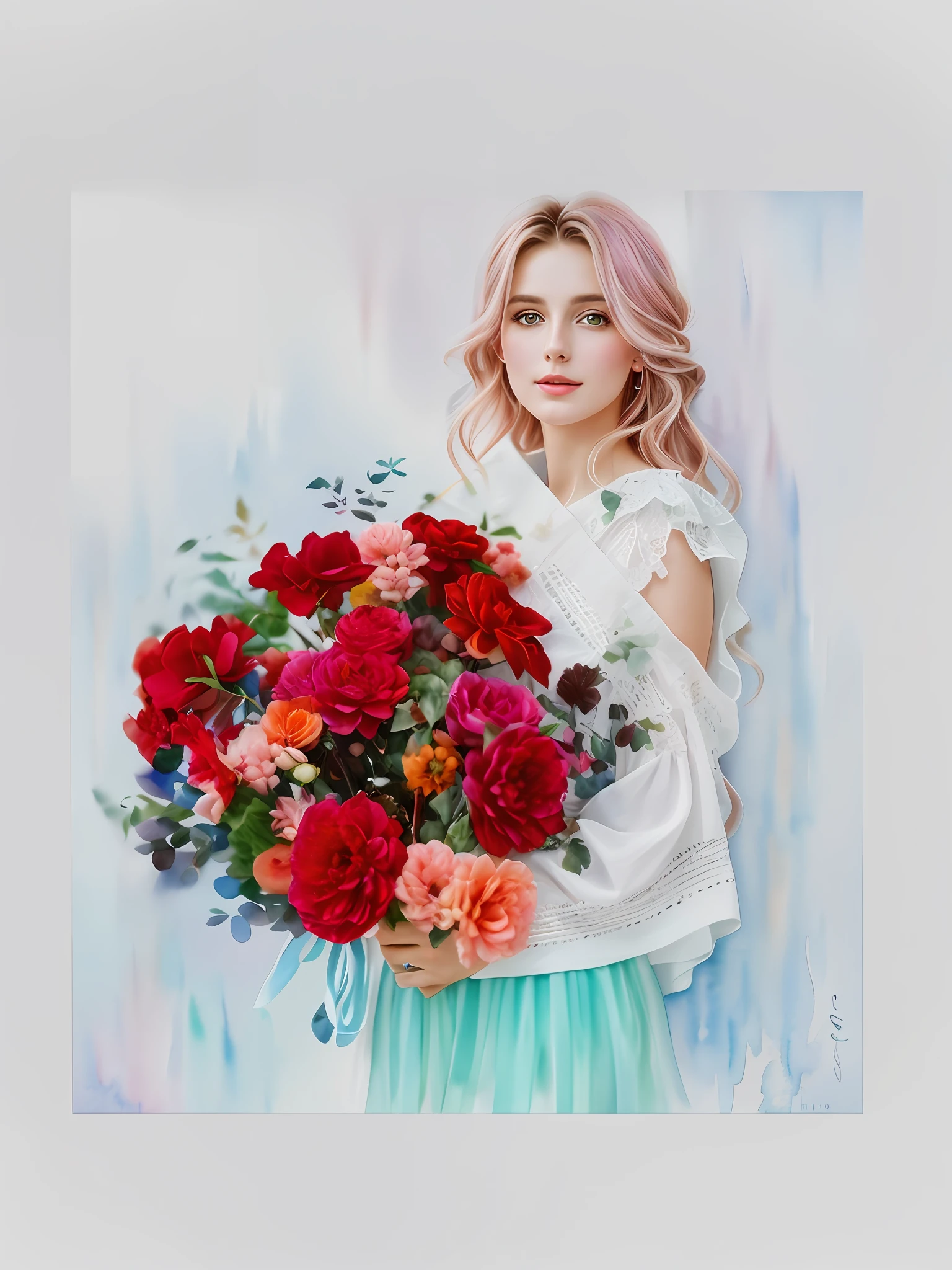 (8k, Best Quality, tmasterpiece: 1.2), (Best Quality: 1.0), (extra high resolution: 1.0), watercolour, a handsome female, shoulder, hair ribbons, Half-body portrait, Very luminous bright design, Pastel colors, (ink: 1.3), autumn lights