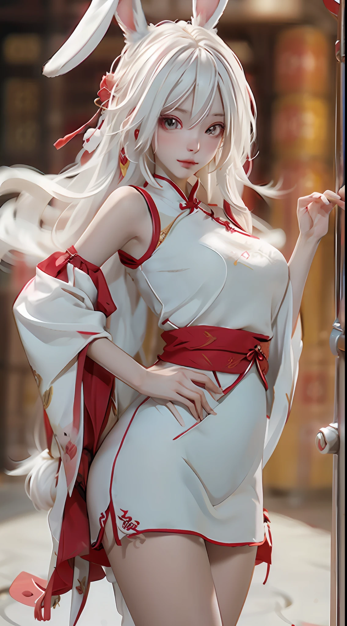 Anime girl with white hair and rabbit ears，red color eyes，Shy blush，on cheongsam