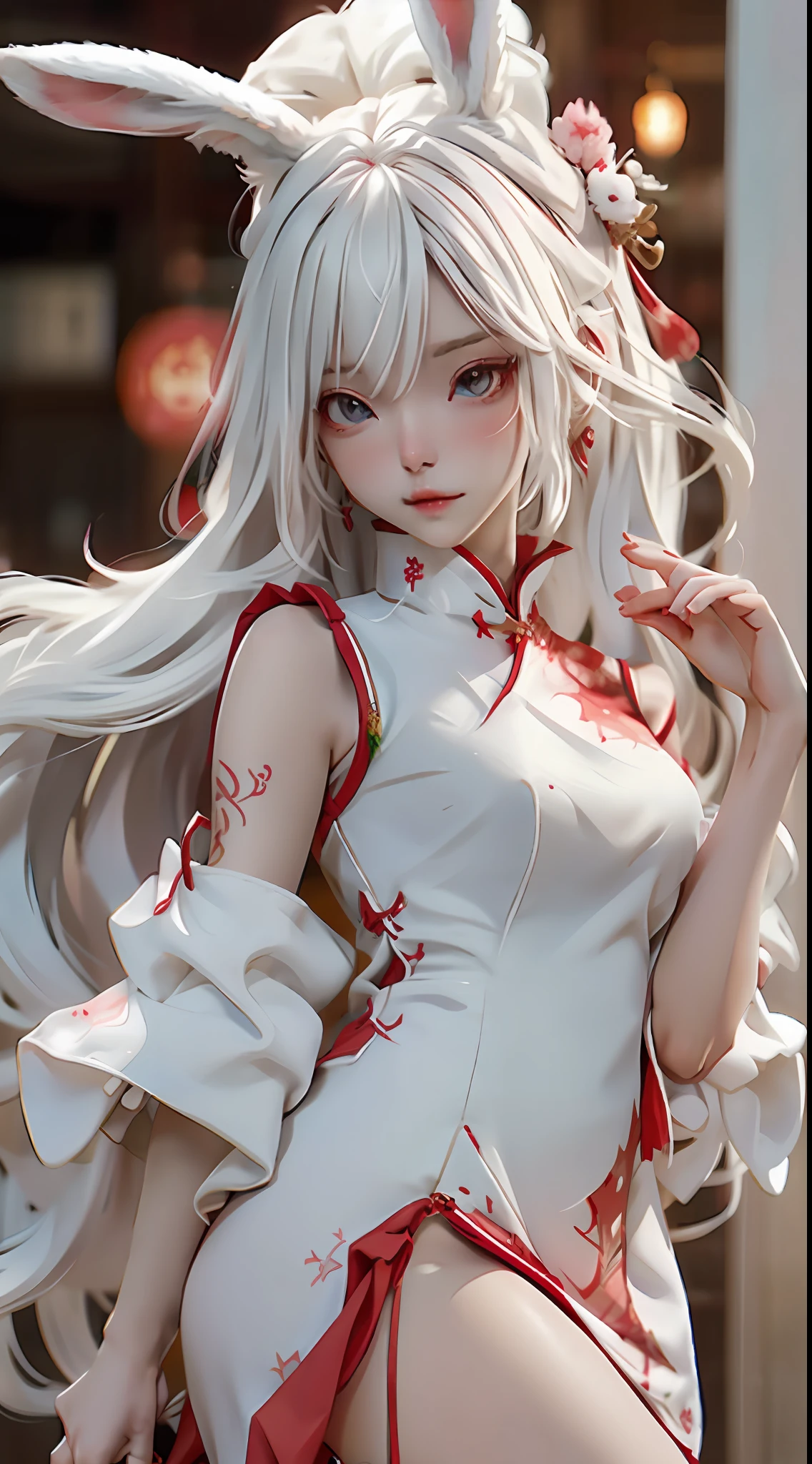Anime girl with white hair and rabbit ears，red color eyes，Shy blush，on cheongsam