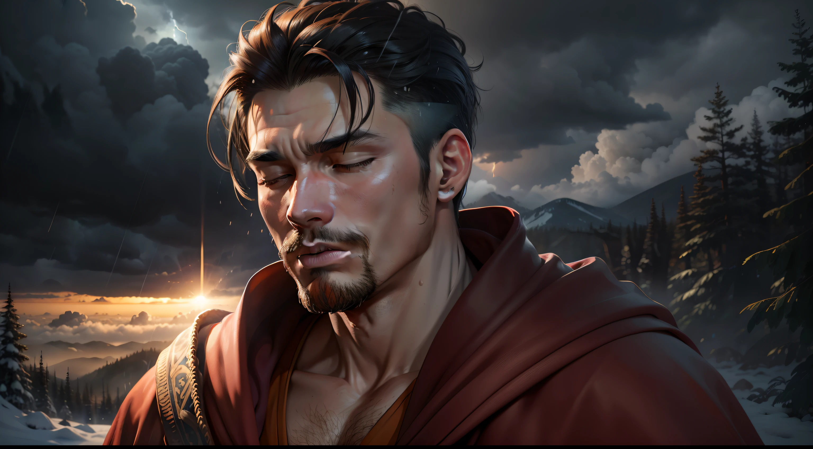 drawing, ultra realistic, 8k, extremely detailed, high quality, natural light image, sunlight earth, ultra realistic image, Realistic texture, extremely detailed, high quality, male, young 20s, (perfect skin, detailed, hyperrealistic, pores) very detailed (Realistic goatee, well defined) (Man in the colorful robe of Tibetan monk's robe), closed eyes, surrounding storm, heavy rain, lightning, thunder realistic, Rich colors hyper realistic texture, forest, daytime, natural light