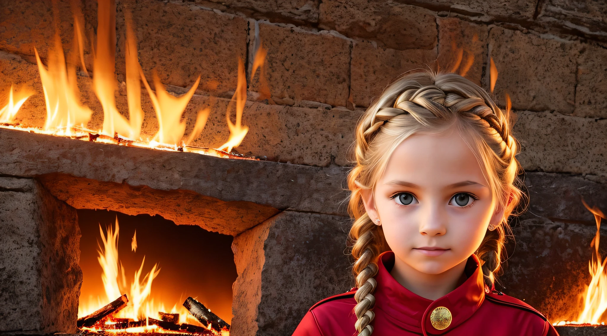 Girl , Russian blonde in braids, com roupa de jaqueta de couro vermelha, estilo retrato, flames are glowing in the dark with a reflection of the fire, chamas de fogo, chamas no fundo, fogo e chamas.