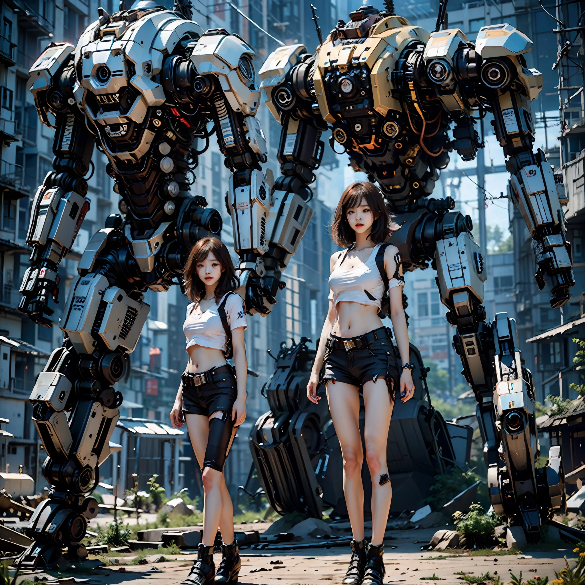((masterpiece, best quality)),illustration,ultra detailed 8k,photorealistic,sharp focus,highly detailed,professional lighting,colorful details,iridescent colors BREAK extreme long shot of a factory,large mechanical robot construction,microchip,computer,glowing,intricate details,shitu-mecha,1girl is standing in front of the audience,Navel