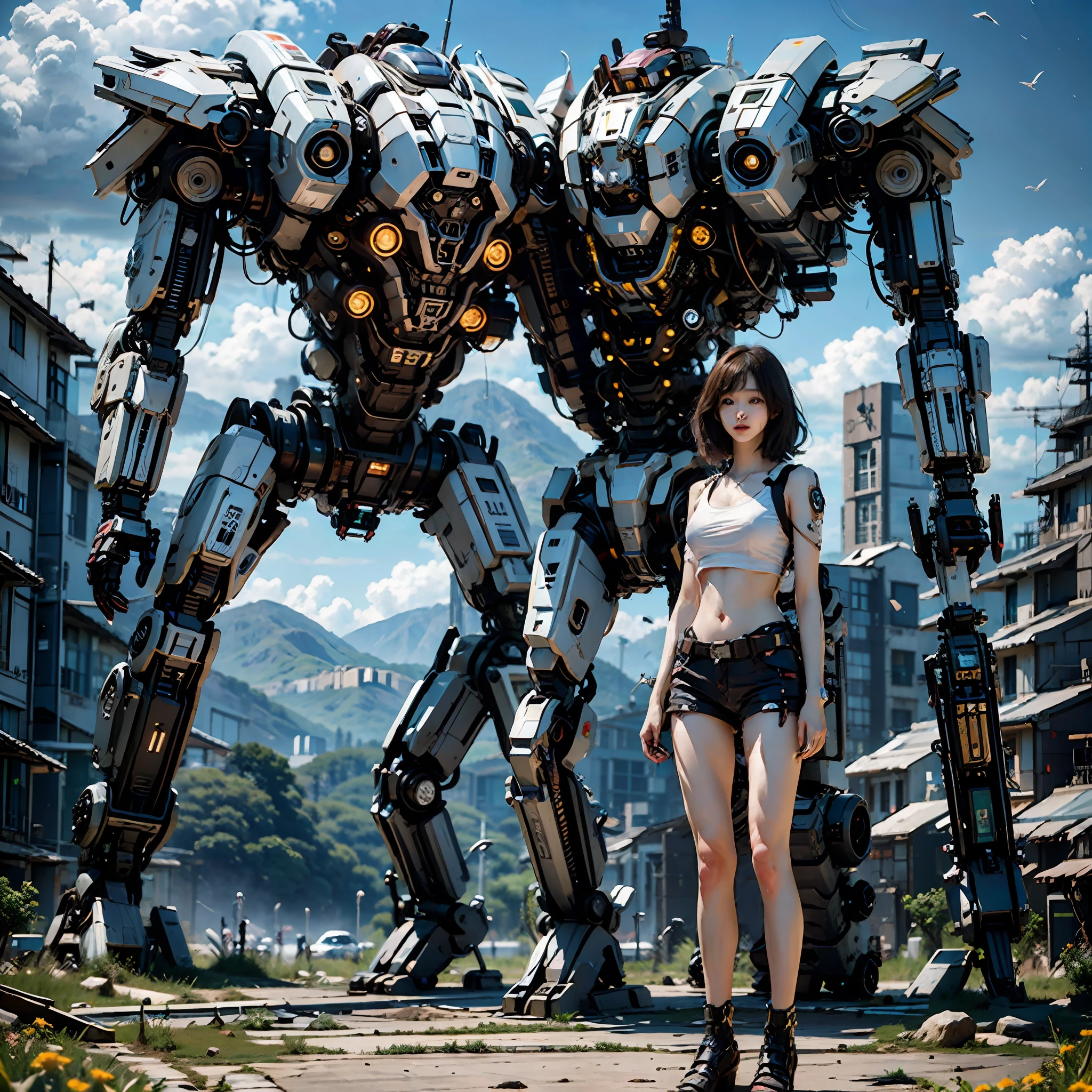 ((masterpiece, best quality)),illustration,ultra detailed 8k,photorealistic,sharp focus,highly detailed,professional lighting,colorful details,iridescent colors BREAK extreme long shot of a factory,large mechanical robot construction,microchip,computer,glowing,intricate details,shitu-mecha,1girl is standing in front of the audience,Navel