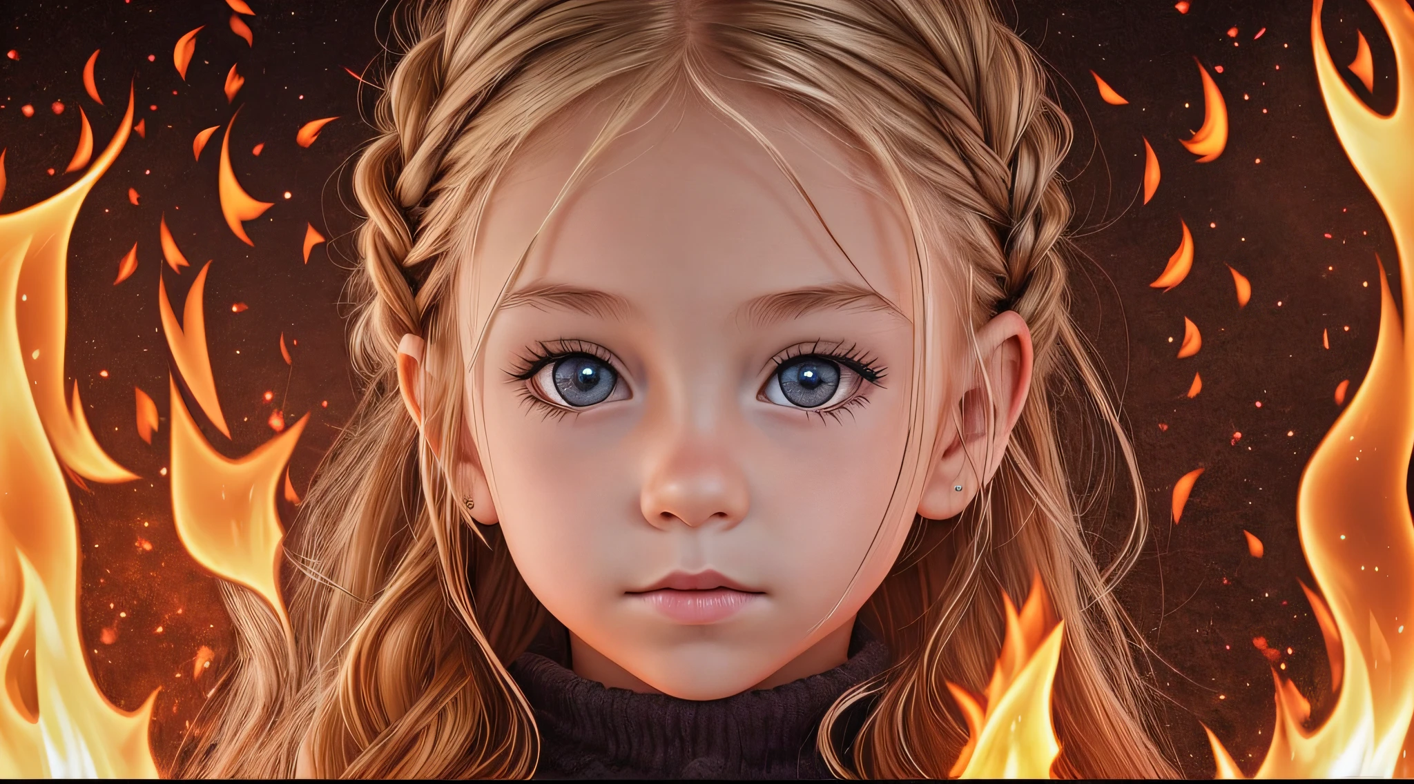 Girl child ************, Russian blonde in braids, com roupa de jaqueta de couro vermelha, estilo retrato, flames are glowing in the dark with a reflection of the fire, chamas de fogo, chamas no fundo, fogo e chamas.