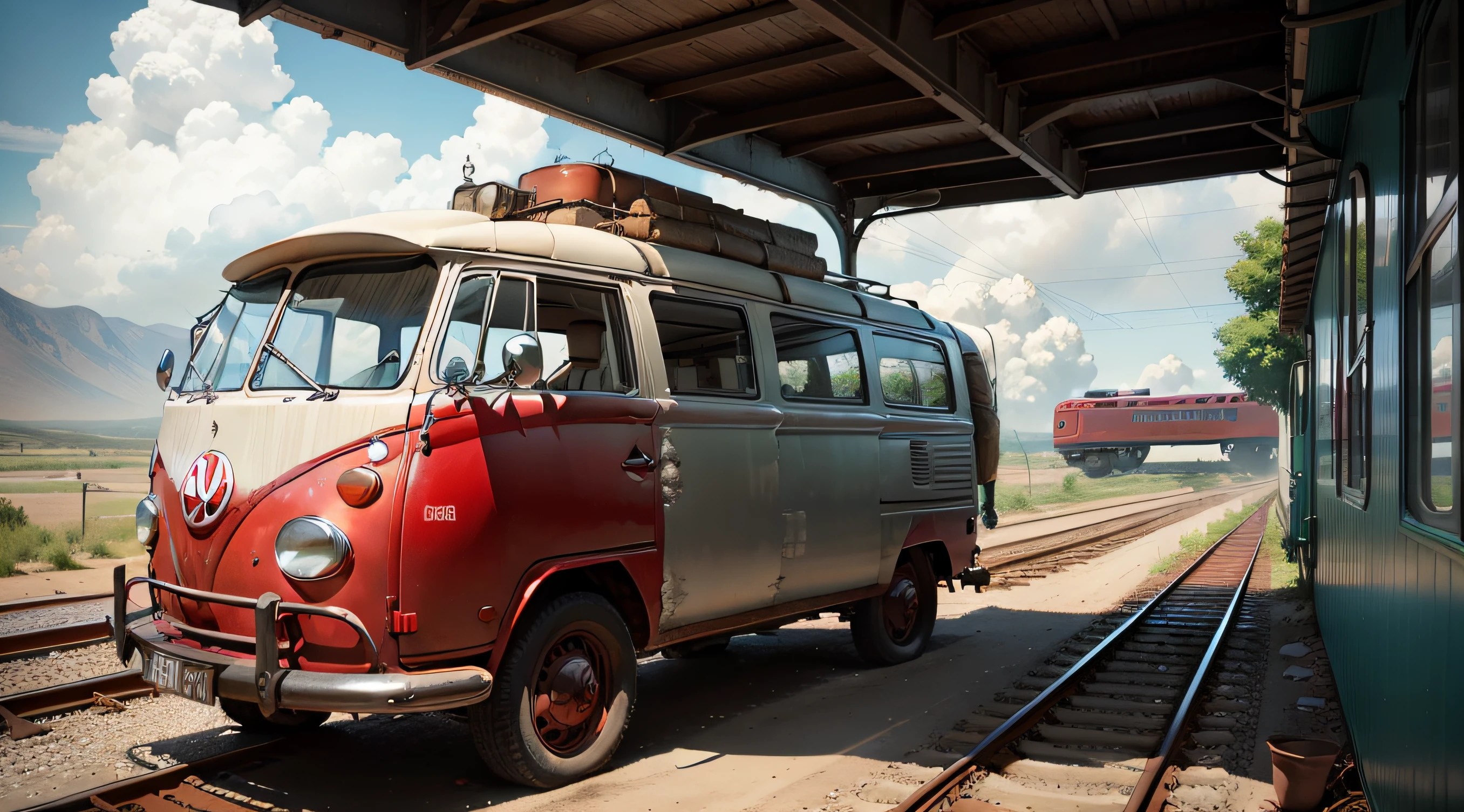 a red and white vw bus on a train track, in the style of dieselpunk, eccentric characters, albert dubois-pillet, gigantic scale
