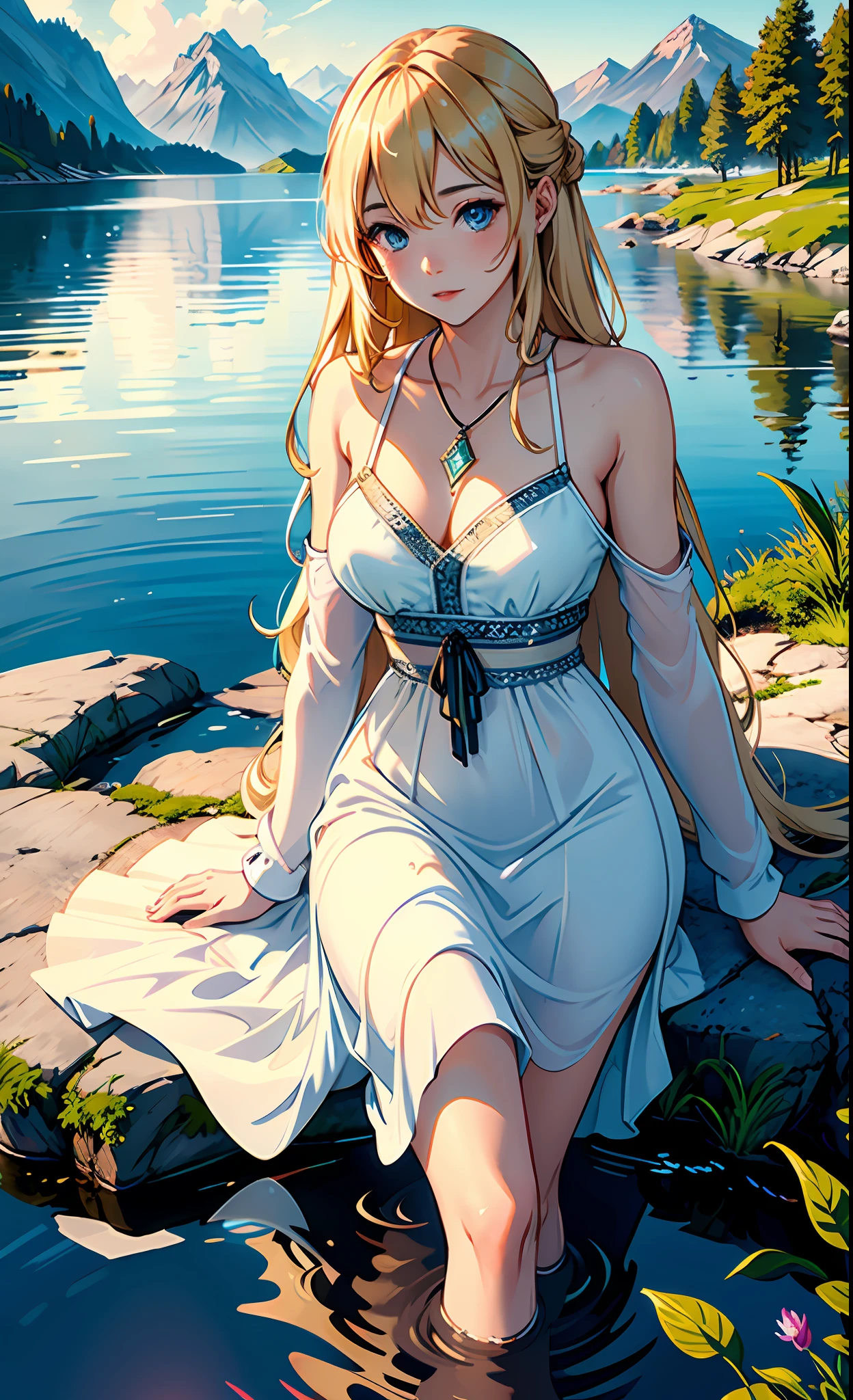 1 girl, serene expression, mesmerizing eyes, straight long hair, flowing dress, poised posture, porcelain skin, subtle blush, crystal pendant
BREAK
golden hour, (rim lighting):1.2, warm tones, sun flare, soft shadows, vibrant colors, painterly effect, dreamy atmosphere
BREAK
scenic lake, distant mountains, willow tree, calm water, reflection, sunlit clouds, peaceful ambiance, idyllic sunset, ultra detailed, official art, unity 8k wallpaper
, zentangle, mandala