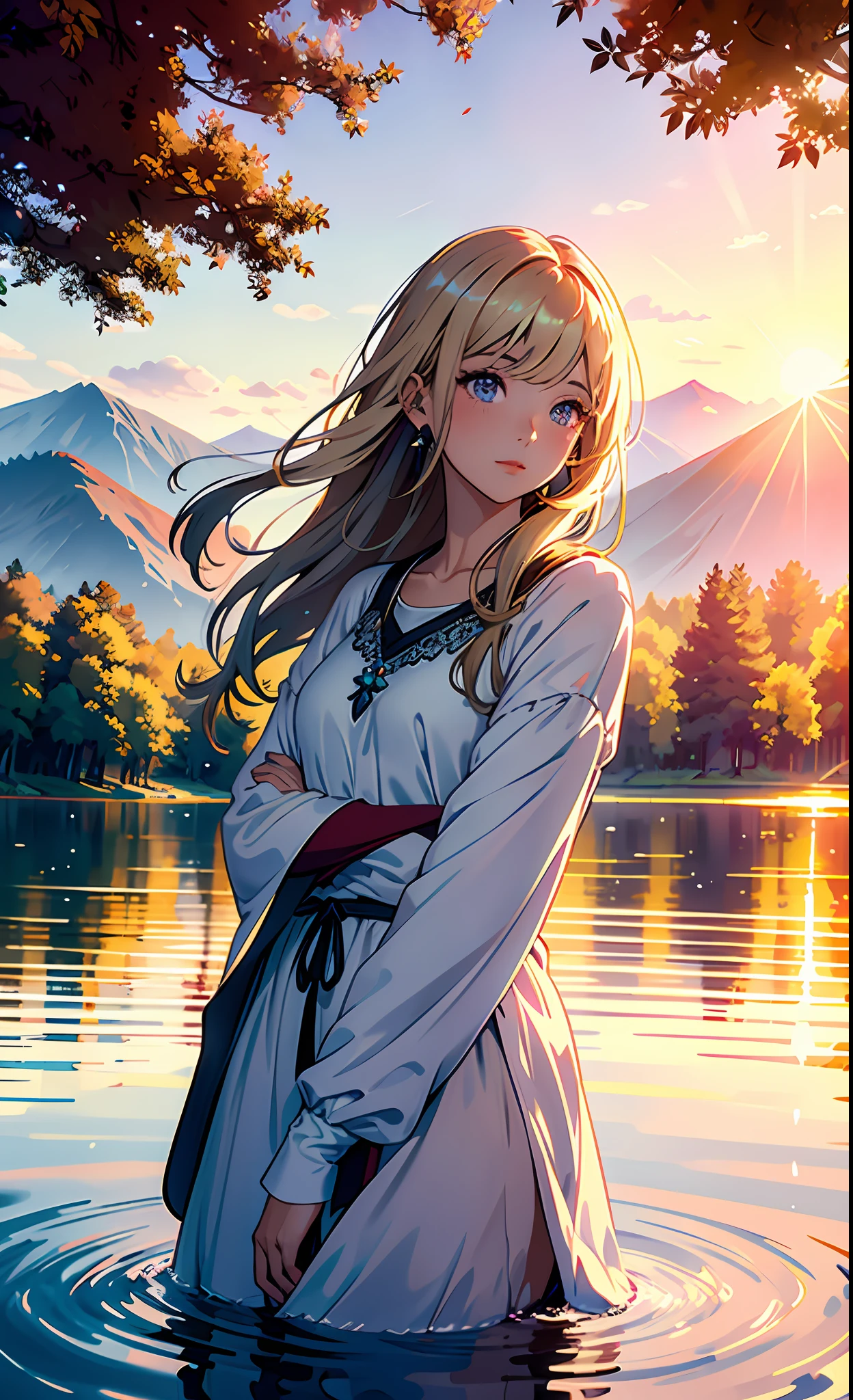 1 girl, serene expression, mesmerizing eyes, straight long hair, flowing dress, poised posture, porcelain skin, subtle blush, crystal pendant
BREAK
golden hour, (rim lighting):1.2, warm tones, sun flare, soft shadows, vibrant colors, painterly effect, dreamy atmosphere
BREAK
scenic lake, distant mountains, willow tree, calm water, reflection, sunlit clouds, peaceful ambiance, idyllic sunset, ultra detailed, official art, unity 8k wallpaper
, zentangle, mandala