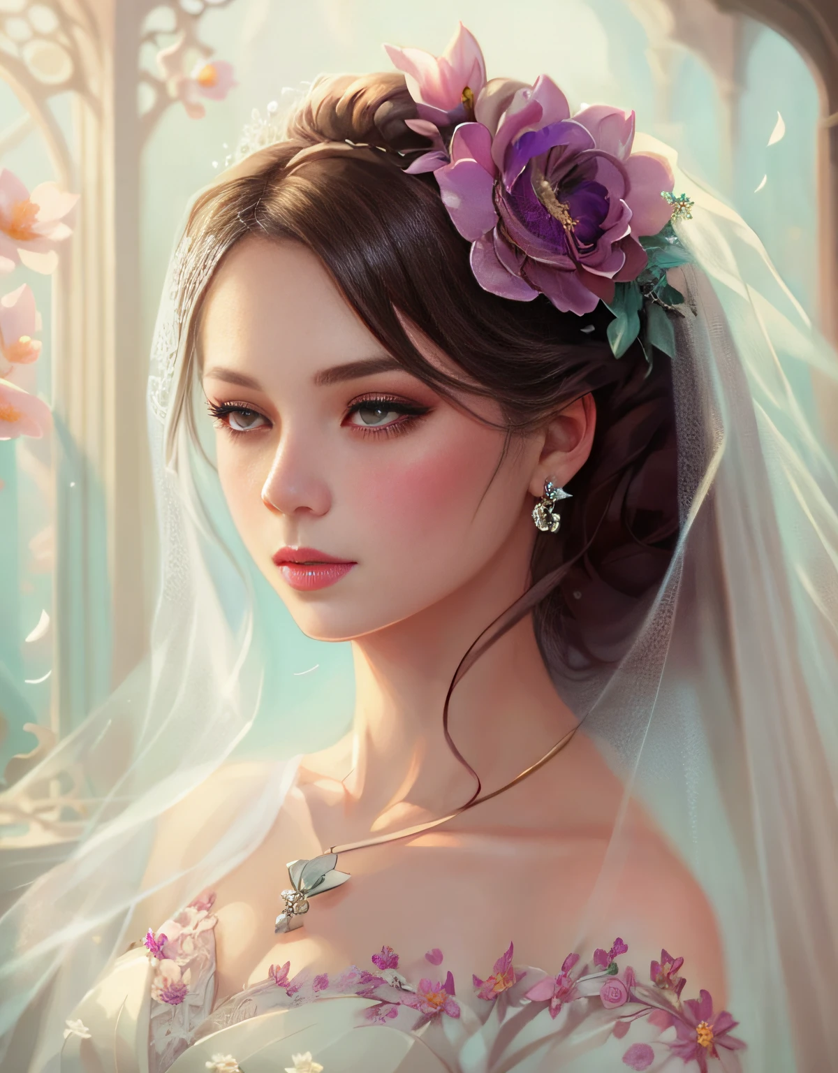 a close up of a bride wearing a veil and a flower in her hair, beautiful digital illustration, a beautiful artwork illustration, artwork in the style of guweiz, stunning digital illustration, elegant digital painting, beautiful digital artwork, exquisite digital illustration, beautiful fantasy art portrait, digital fantasy portrait, beautiful digital art, fantasy art style, digital fantasy art ), beautiful fantasy portrait