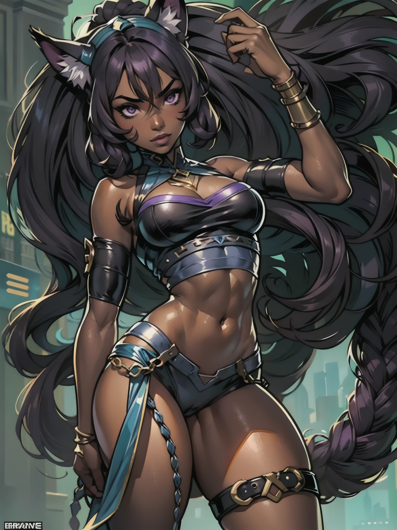 Portrait, Masterpiece, Excellent, 1girl, solo, complex details, color diffusion, comic book, anime, marvel, DC, close-up, catgirl, dark skin, ebony, brown skin, dark-skinned female, thighs, Miqo'te, cat ears, dark hair, black hair, braids, dreadlocks, braided hair, purple eyes, skimpy attire, epic attire, assassin, badass, deadly but sexy, trending, demon, goddess, Super Villain