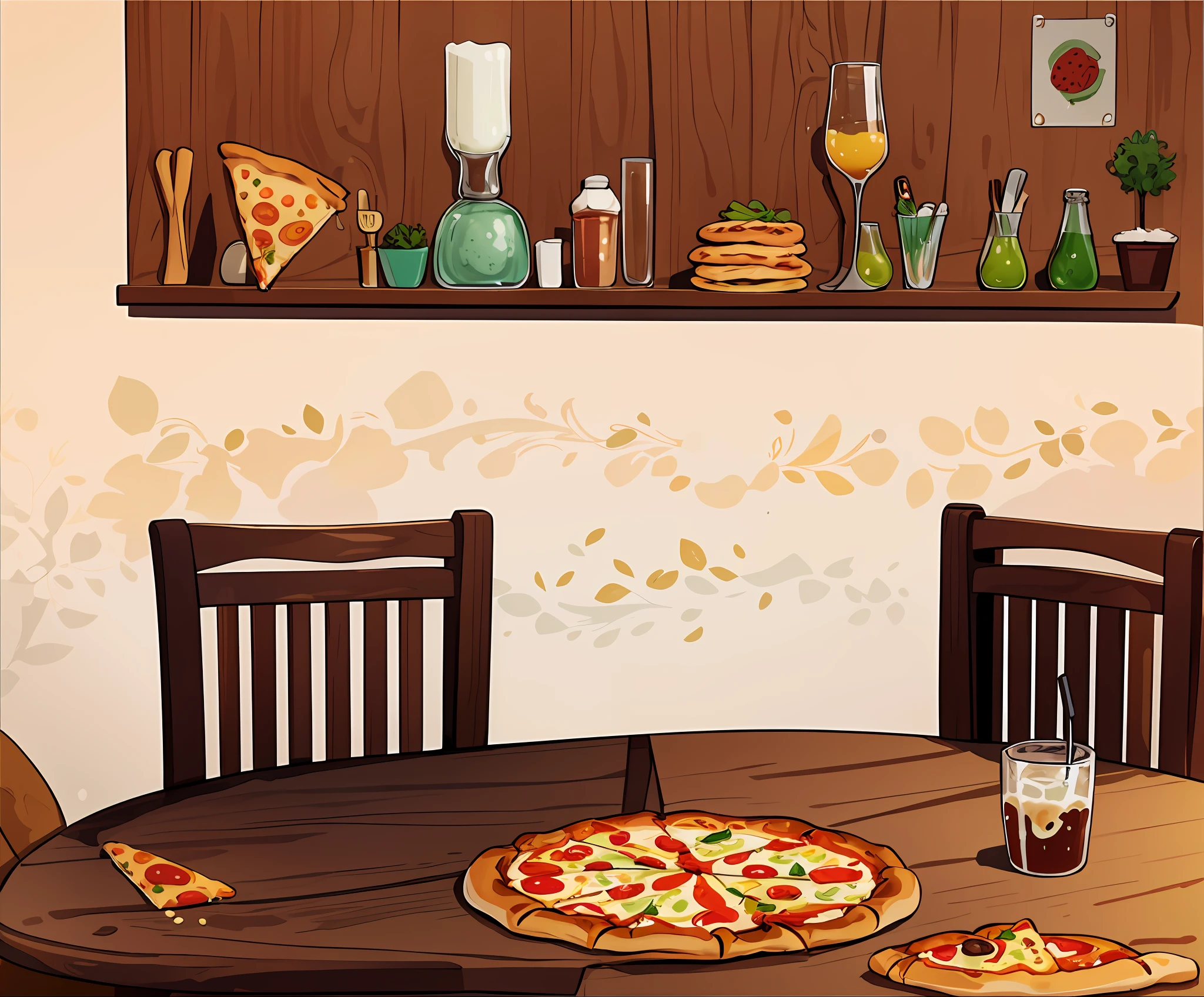 digital illustation, pizza na mesa, cadeira domestica, detalhes intricados 8k toalha na mesa garfo prato copo de suco, fundo cozinha americana