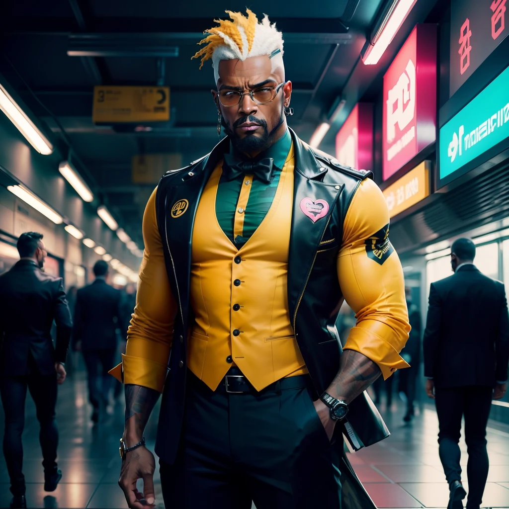 gostaria de uma imagem estilo cyberpunk em 4k de 3 personagens de mais ou menos 40 anos ,portanto,portanto,africano, forte, musculoso,Bodybillder,muito forte de pele negra ,barba grande,barba, Estiloso Barbon,com cabelo punk estilo anos 80 na cor amarelo e cinza escuro,muito eLegante,, futurista e estiloso neon , com uma tatuagem super colorida e com neon ,Toattoo, facing a metro station on the platform , with station lights failing in a dimly lit environment, standing dressed in a dark yellow suit with a pink bow tie and baggy shirt.