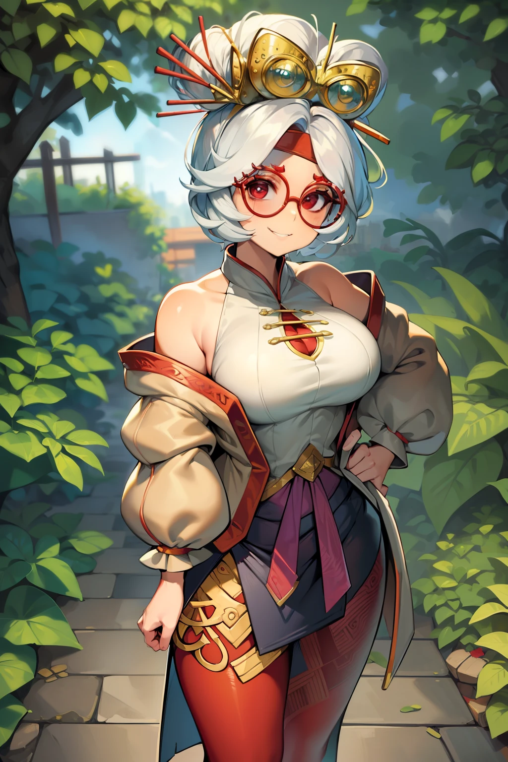 masterpiece, best quality, purah, red glasses, hair ornament, hair stick, red headband, white shirt, bare shoulders, white jacket, black skirt, orange leggings, large breasts, looking at viewer, entrance, garden, leaning forward, upper body, hands to hips, smile