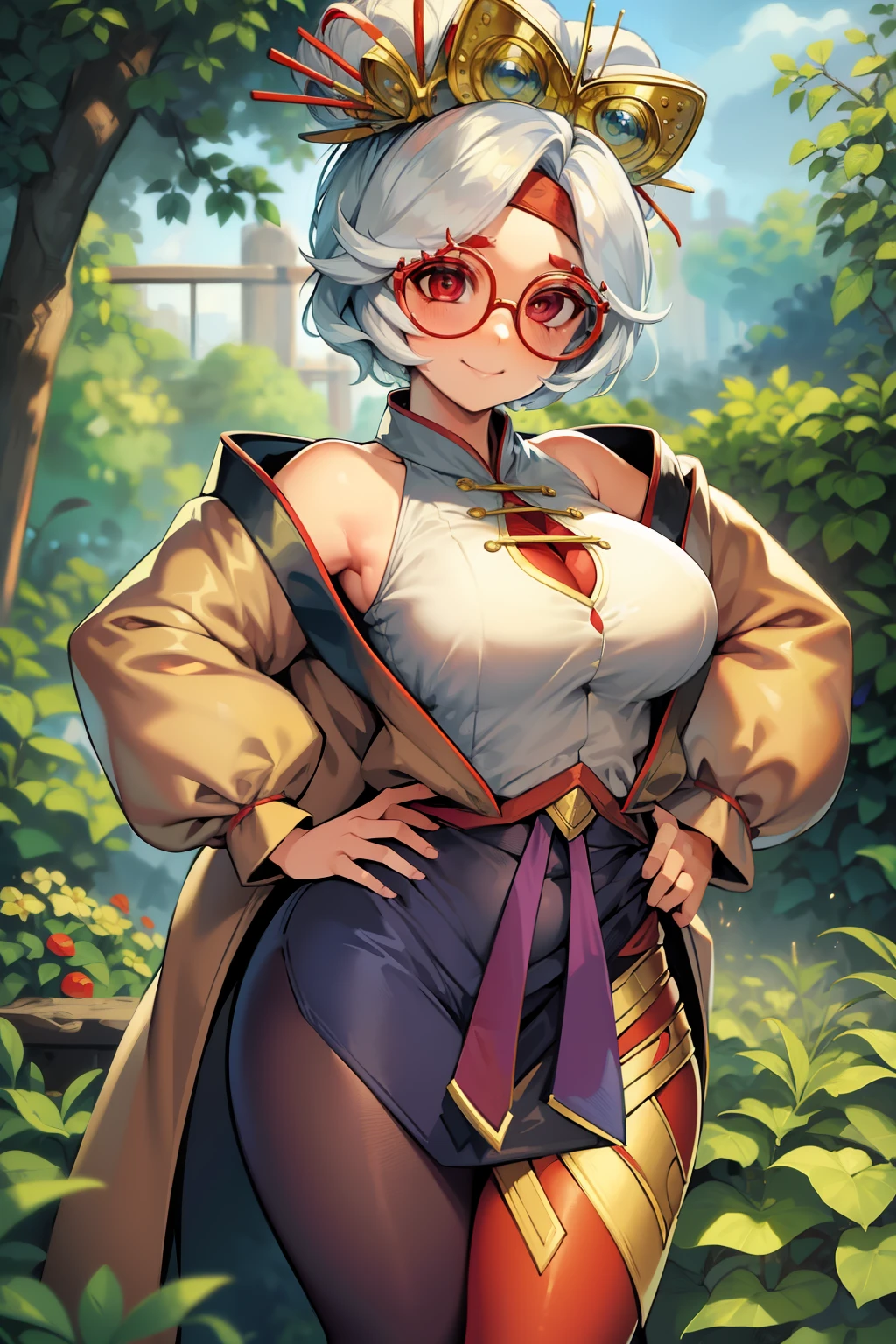 masterpiece, best quality, purah, red glasses, hair ornament, hair stick, red headband, white shirt, bare shoulders, white jacket, black skirt, orange leggings, large breasts, looking at viewer, entrance, garden, leaning forward, upper body, hands to hips, smile