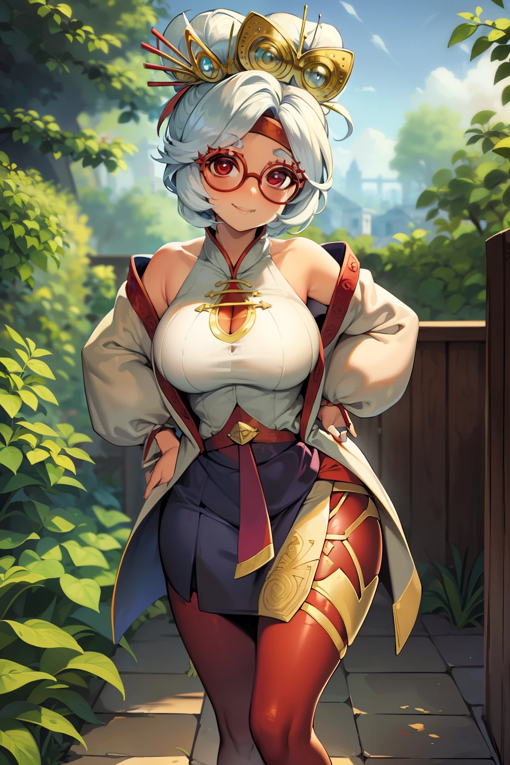 masterpiece, best quality, purah, red glasses, hair ornament, hair stick, red headband, white shirt, bare shoulders, white jacket, black skirt, orange leggings, large breasts, looking at viewer, entrance, garden, leaning forward, upper body, hands to hips, smile