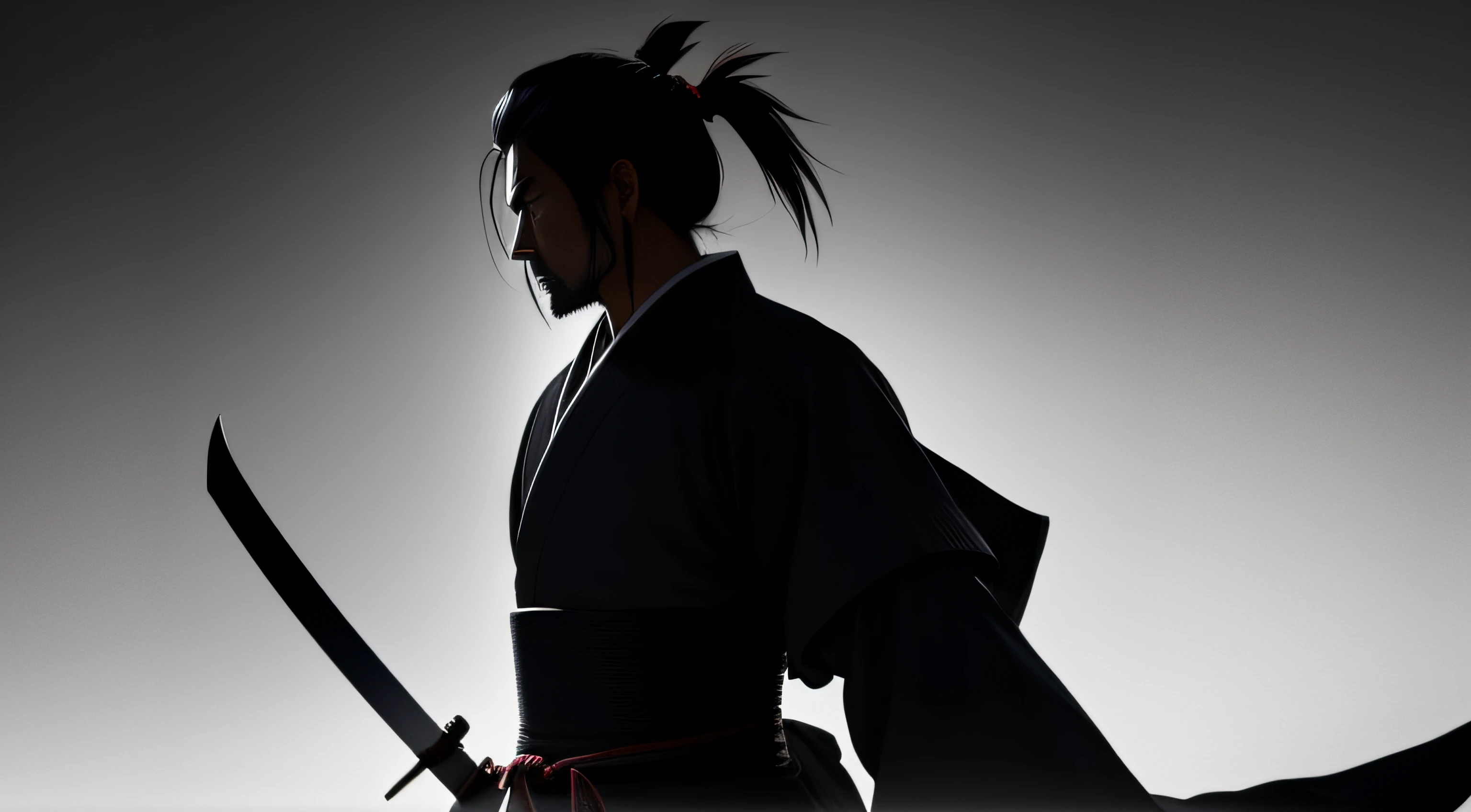 In this captivating depiction, Miyamoto Musashi, the legendary Japanese swordsman, stands in a powerful profile against a backdrop of deep black. The darkness envelops him, emphasizing the aura of mystery and intensity that surrounds his legendary figure. Musashi's silhouette exudes the grace and discipline that defined his mastery of martial arts. With his katana resting by his side, he exudes a sense of readiness and focus. This evocative image captures the essence of Musashi's enigmatic character and his unparalleled skill with the sword. It invites viewers to imagine the world of the samurai and delve into the teachings of the legendary Miyamoto Musashi, a figure whose legacy continues to inspire and intrigue to this day.