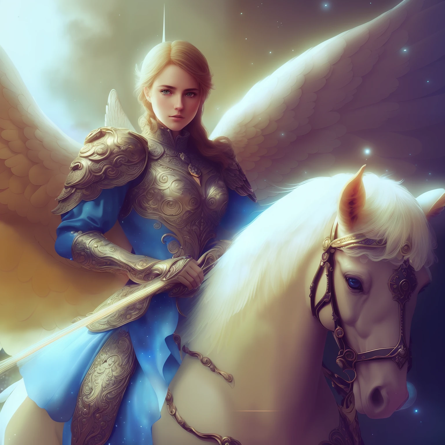 MUY VARONIL (((ANGEL GUARDIAN GUERRERO SOBRE UN CABALLO))) Masterpiece, (Best quality: 1.2), (Super fine: 1.2), Illustration, (Extremely delicate and beautiful: 1.2), Film angle, Floating, (Beautiful detail eye: 1.1), (Detail Light: 1.1), Film lights, Delicate sky, Blue eyes, (High ponytail: 1.1), Layer, Bright eyes, (Moon: 1. 2), (Moonlight: 1.1), Starry sky, (Light particles: 1.1) drawing, blossom. (masterpiece), (best quality), (photorealistic:1.3), 8k, detailed skin texture, detailed cloth texture, beautiful detailed face, intricate details, ultra detailed (full-length body:1.2)