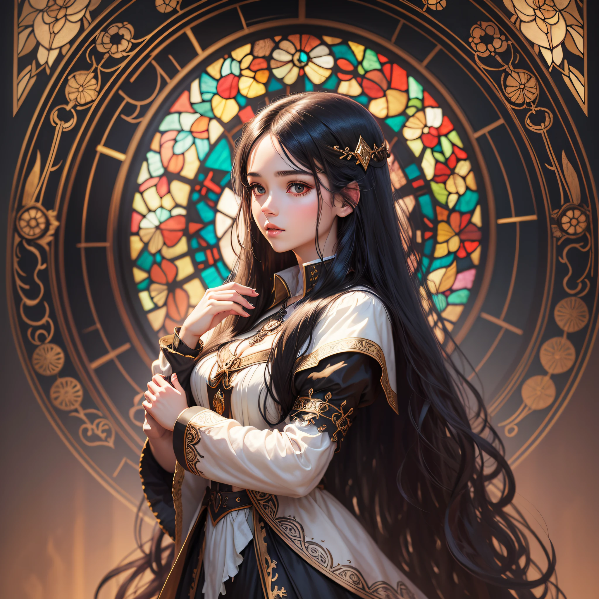 beautiful girl with a dog, long hair, black hair, pretty girl, fantasy art, whole body, stained glass background --q 2