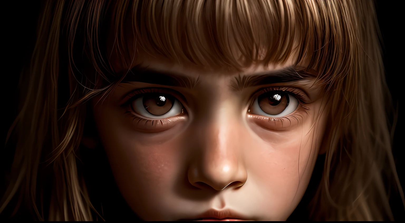 Un primer plano de los ojos de Isabella mientras se enfrenta a sus miedos y toma el pincel en sus manos, conveying the mixture of emotion and determination in his gaze.