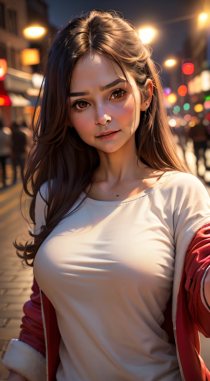 ((absurd, high resolution, ultra detailed, HDR), masterpiece, best quality, One 45-year-old woman looks into the camera, beautiful face, brown eyes, brown shoulder-length hair, thin eyes and detailed face, (White T-shirt), (red jacket), dimple, night street, night city, midnight, selfie shot, Light smile