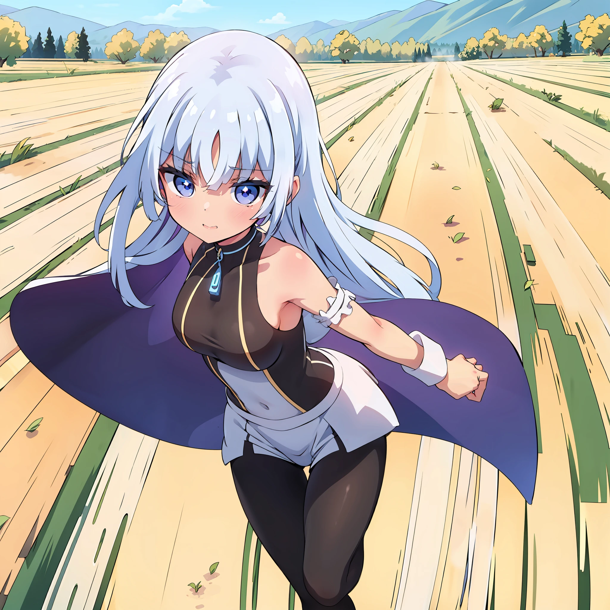 Una guerrera corriendo con los brazos extendidos y una espada en cada mano. Run quickly through a field of grain.. Tiene el pelo largo y suelto, Lleva armadura de cuero grueso y madera.