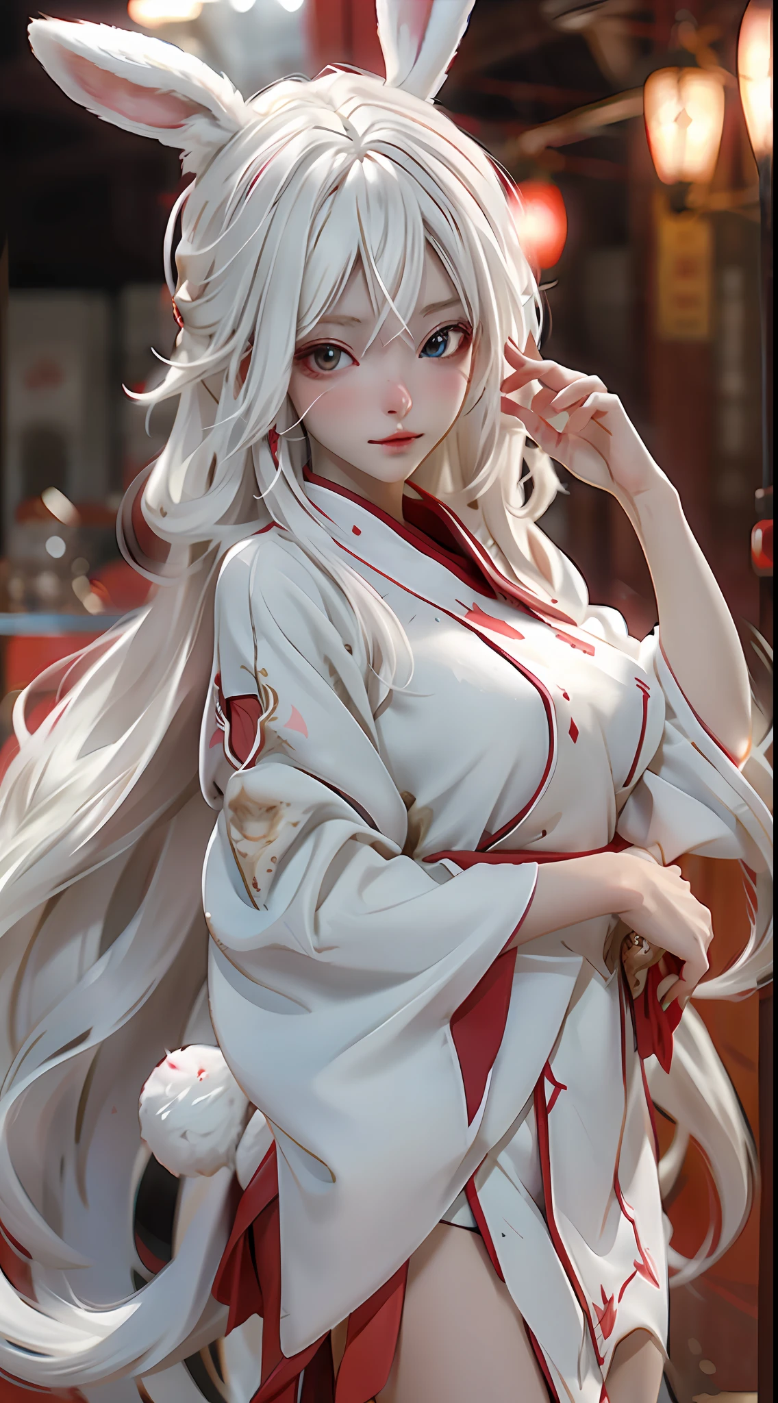 Anime girl with white hair and rabbit ears,red color eyes,Shy blush,mechs