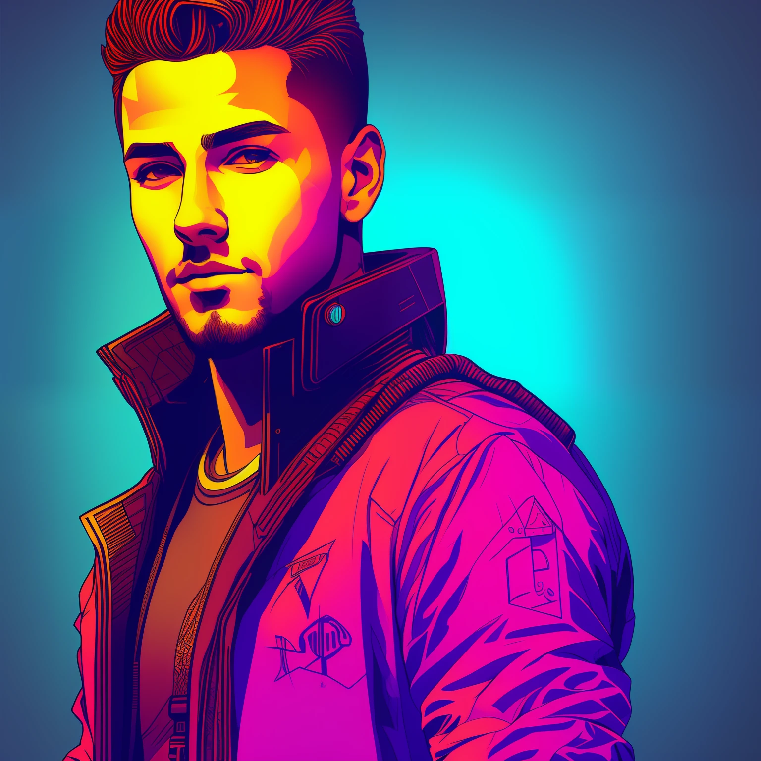 A young man, arte da camiseta, Cyberpunk, vetor, 2d illustration,  fundo escuro, muito colorido, gradiente, colorido moderno, Centrado, Front view, hiperdetalhado