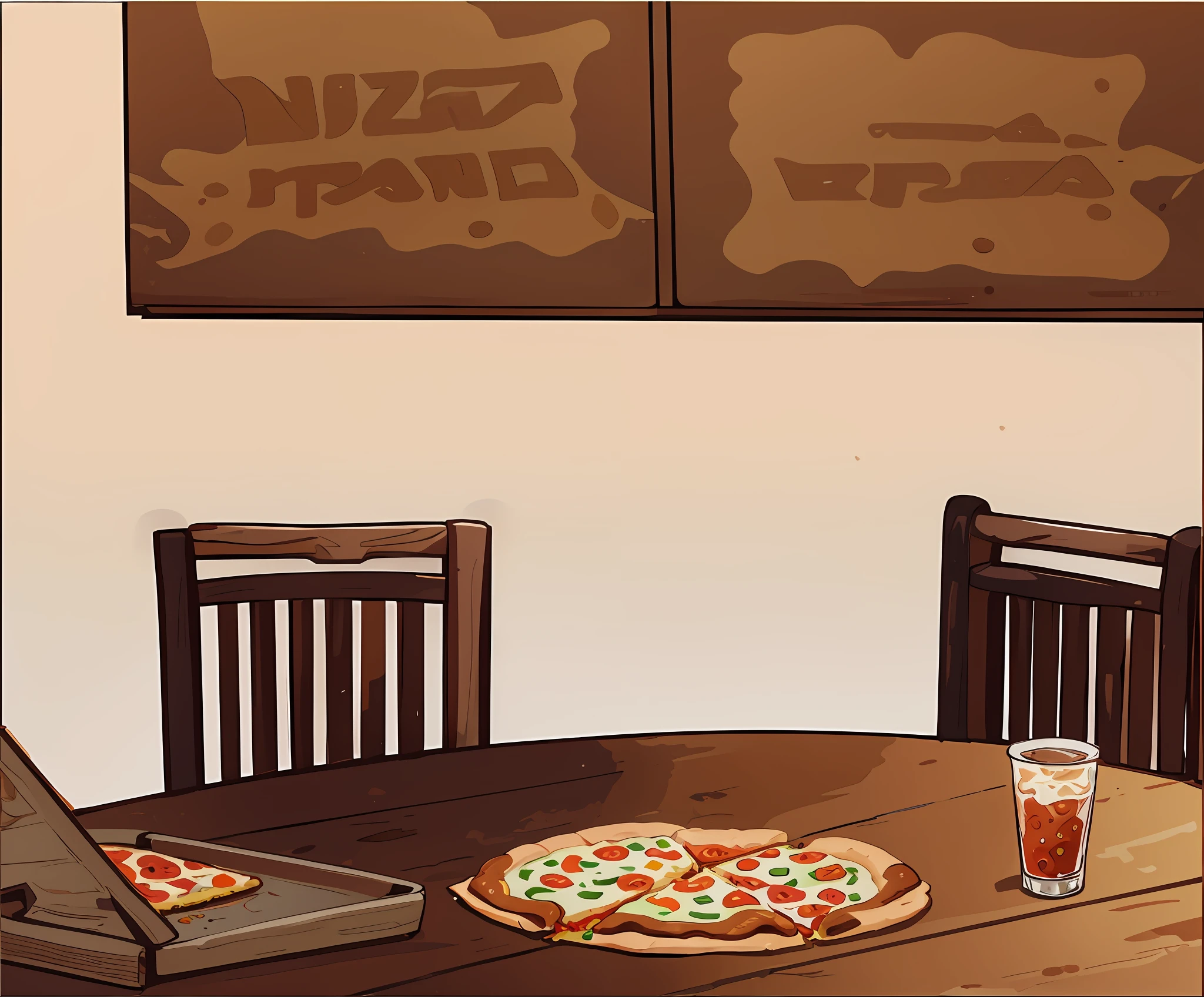 digital illustation,  pizza na mesa, cadeira domestica, detalhes intricados 8k toalha na mesa garfo prato copo de suco, fundo cozinha americana
