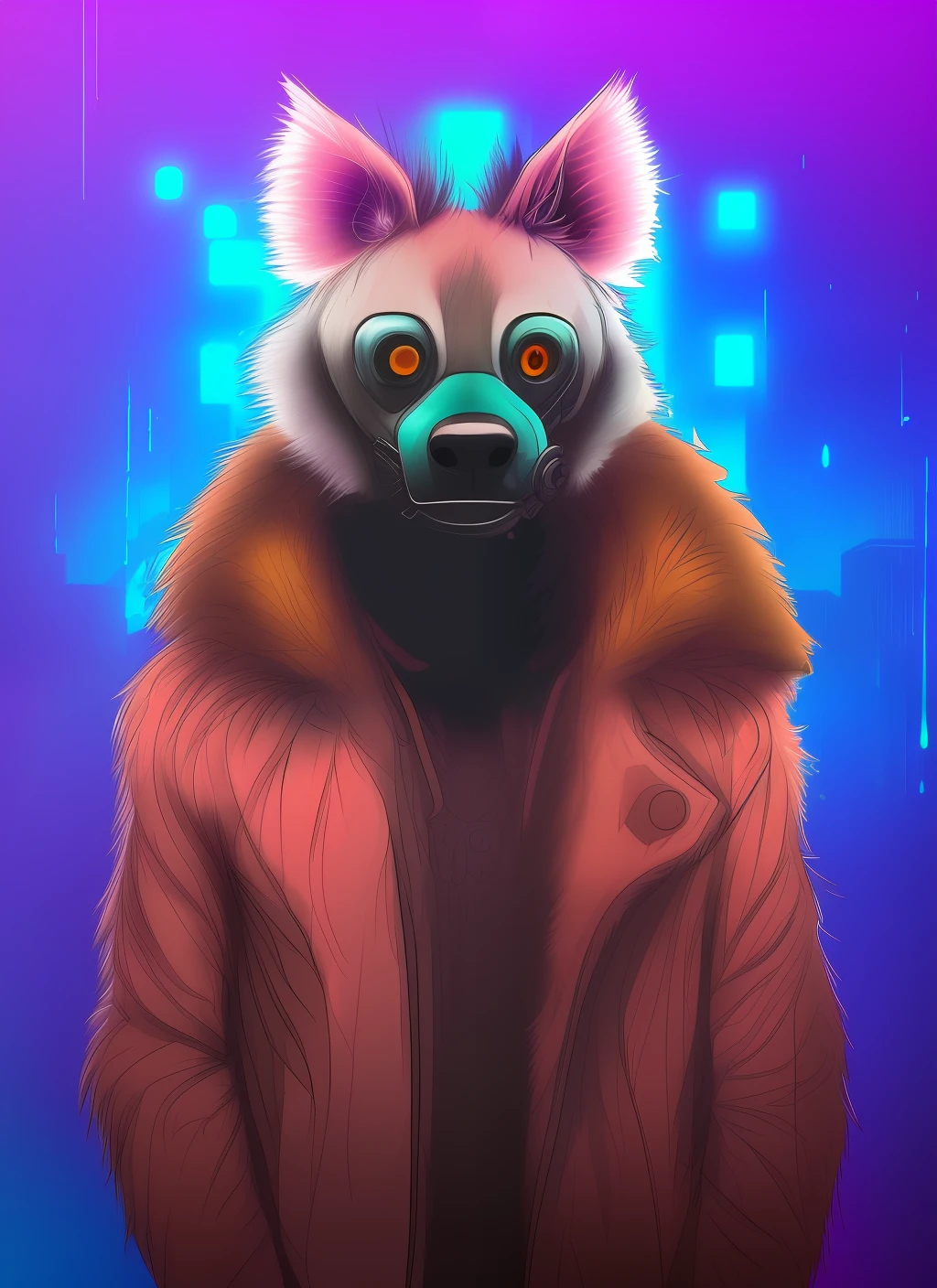 Digital drawing of male anthropomorphic hyena drawn in shaded cell, fursona, fandom peludo, Rainy neon cyberpunk scenario, anthro, vestindo jaqueta cyberpunk