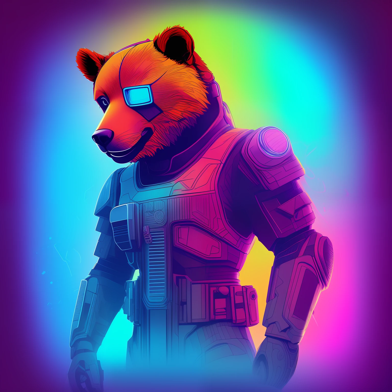 Urso, arte da camiseta, Cyberpunk, vetor, 3d illustration,  fundo escuro, muito colorido, gradiente colorido moderno, Centrado, Front view, hiperdetalhado, png