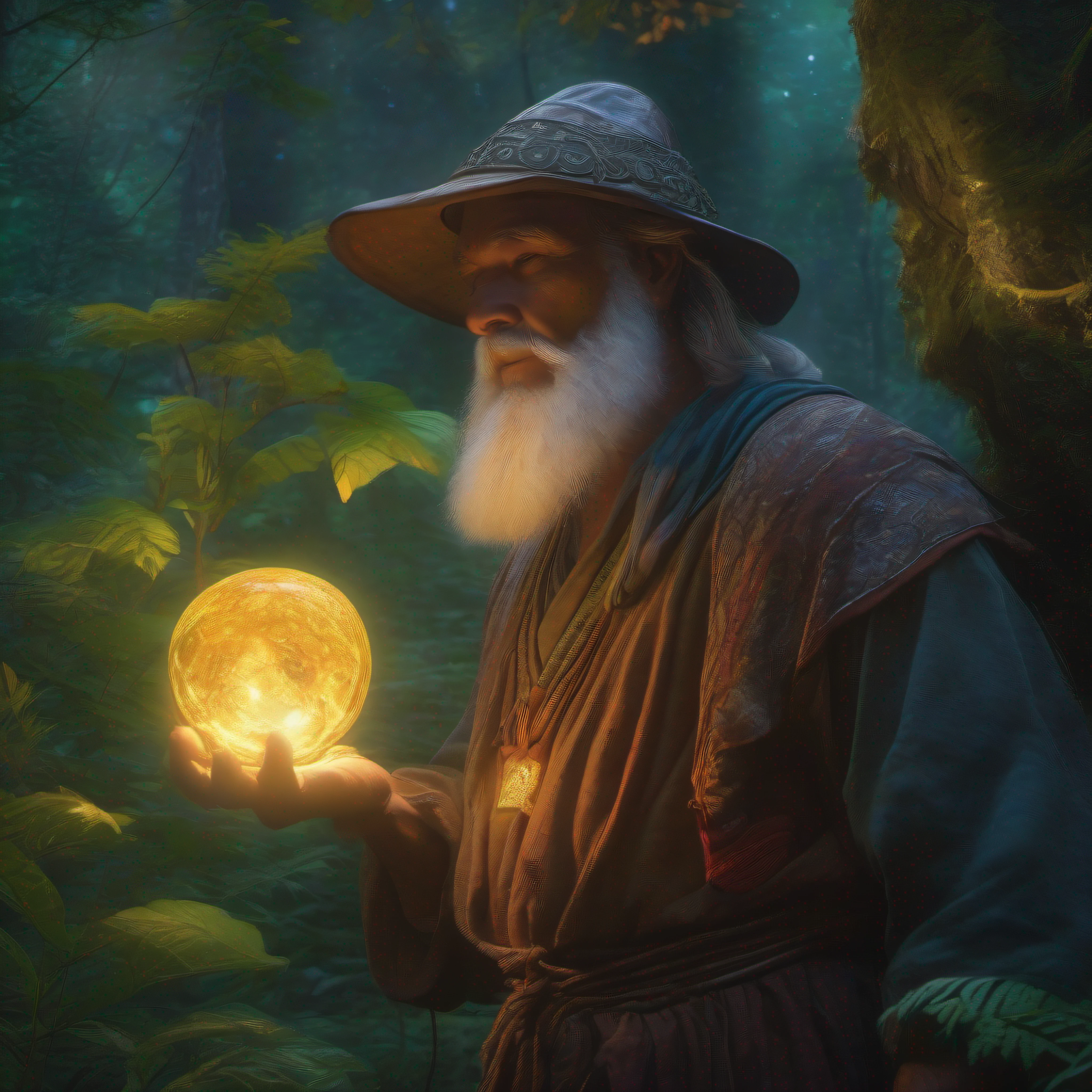 "A 30th-century peasant wearing a magic stone mask, illuminated by a mystical light, in a lush forest setting, com detalhes ultra-realistas e cores vibrantes."
